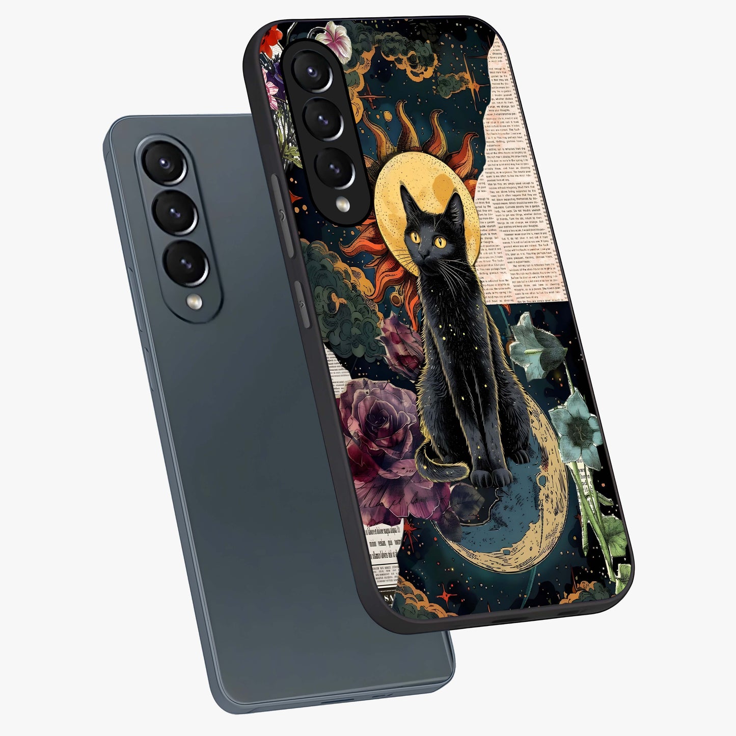 Celestial Black Cat Glass Case displayed in angled mockup highlighting cosmic black cat design with celestial aesthetic.