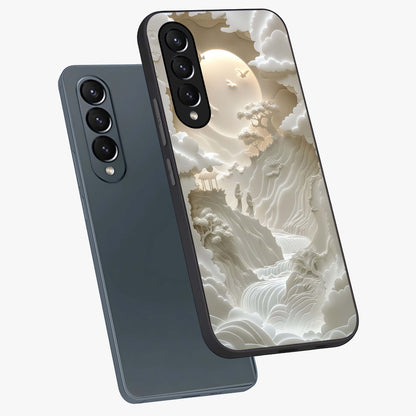 Celestial Origami Glass Case displayed in angled mockup highlighting geometric origami design with cosmic aesthetic theme.