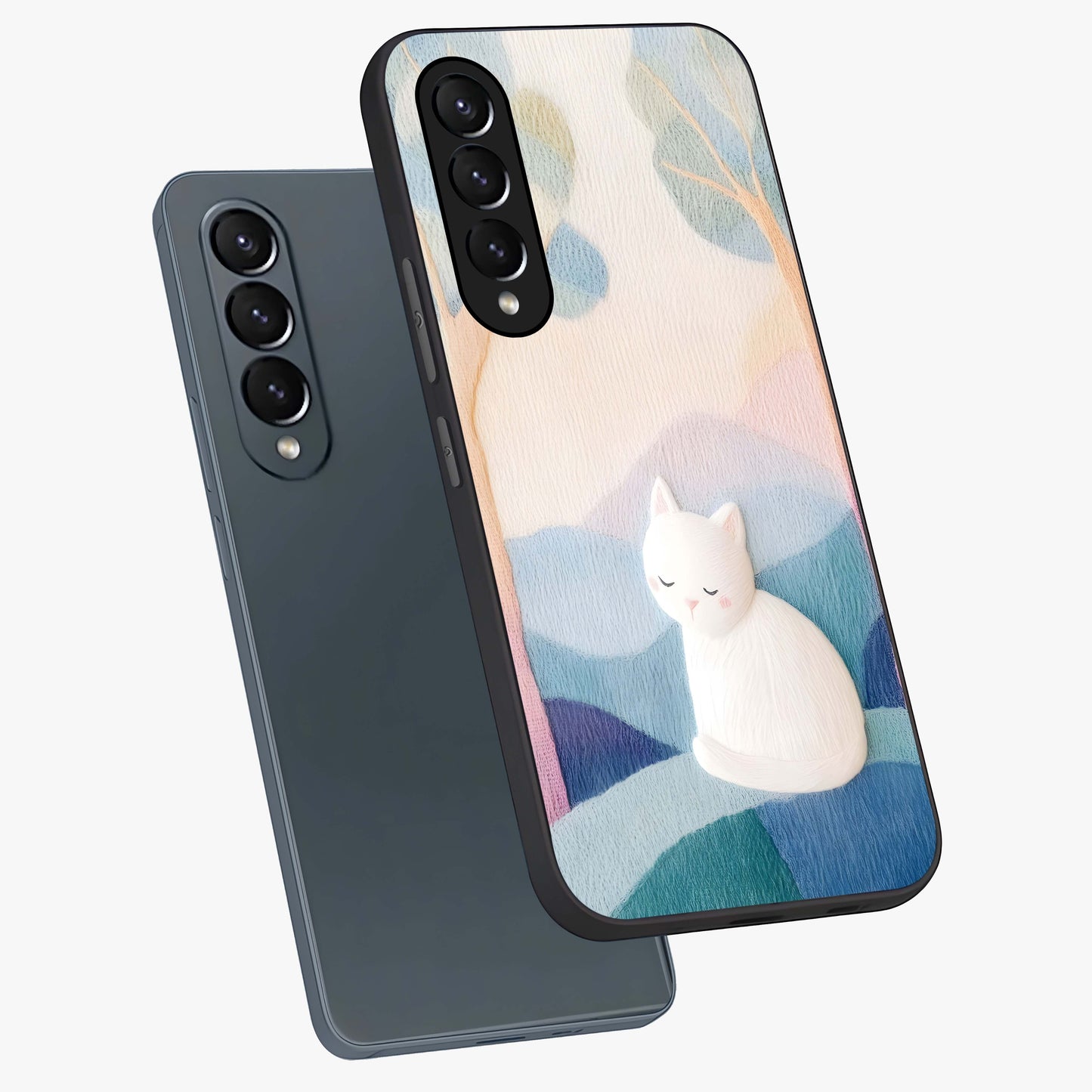 Cotton Dream Cat Glass Case displayed in angled mockup highlighting cute feline illustration with pastel aesthetic style.