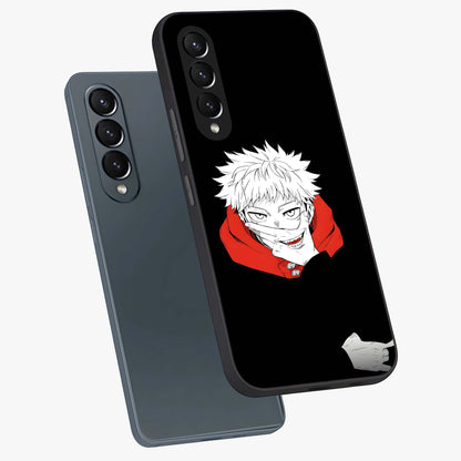Crimson Chaos Smile Glass Case displayed in angled mockup highlighting edgy crimson smile design with graphic aesthetic.
