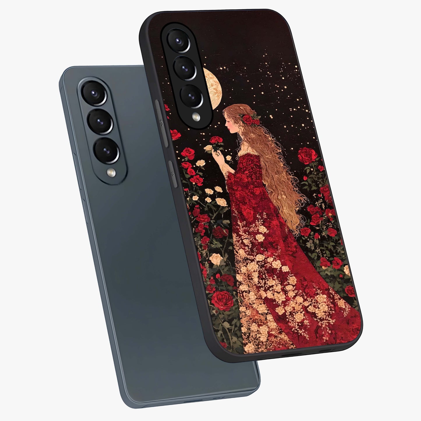 Crimson Dreams Glass Case displayed in angled mockup highlighting soft crimson aesthetic design with artistic theme.