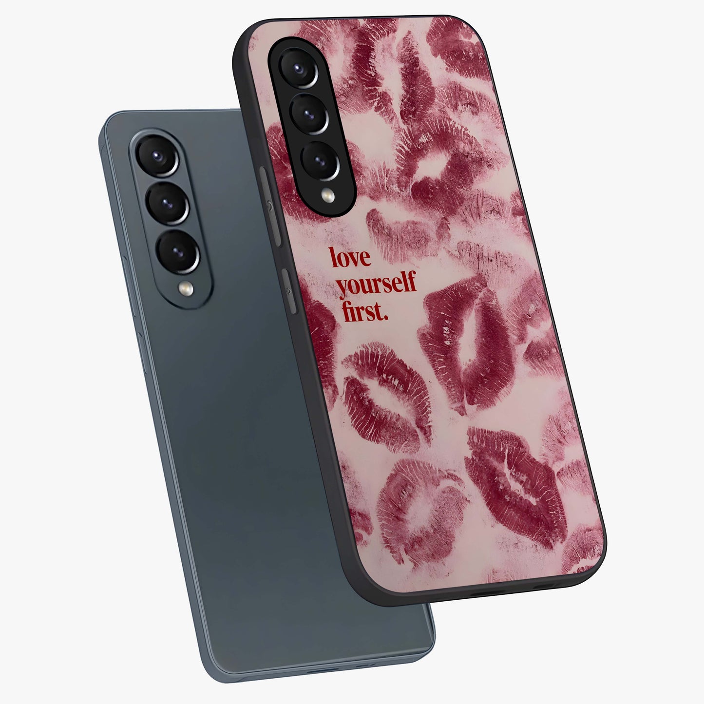 Crimson Kiss Love Glass Case displayed in angled mockup highlighting bold love inspired design with modern aesthetic style.