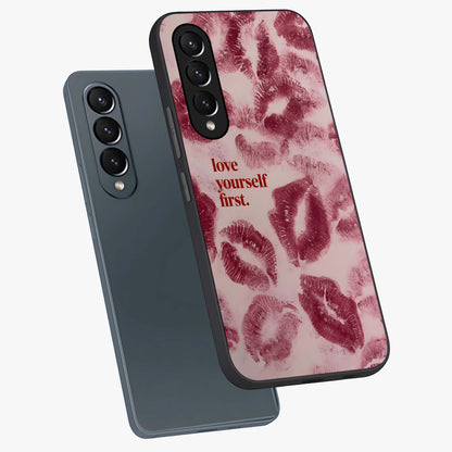 Crimson Kiss Love Glass Case displayed in angled mockup highlighting bold love inspired design with modern aesthetic style.