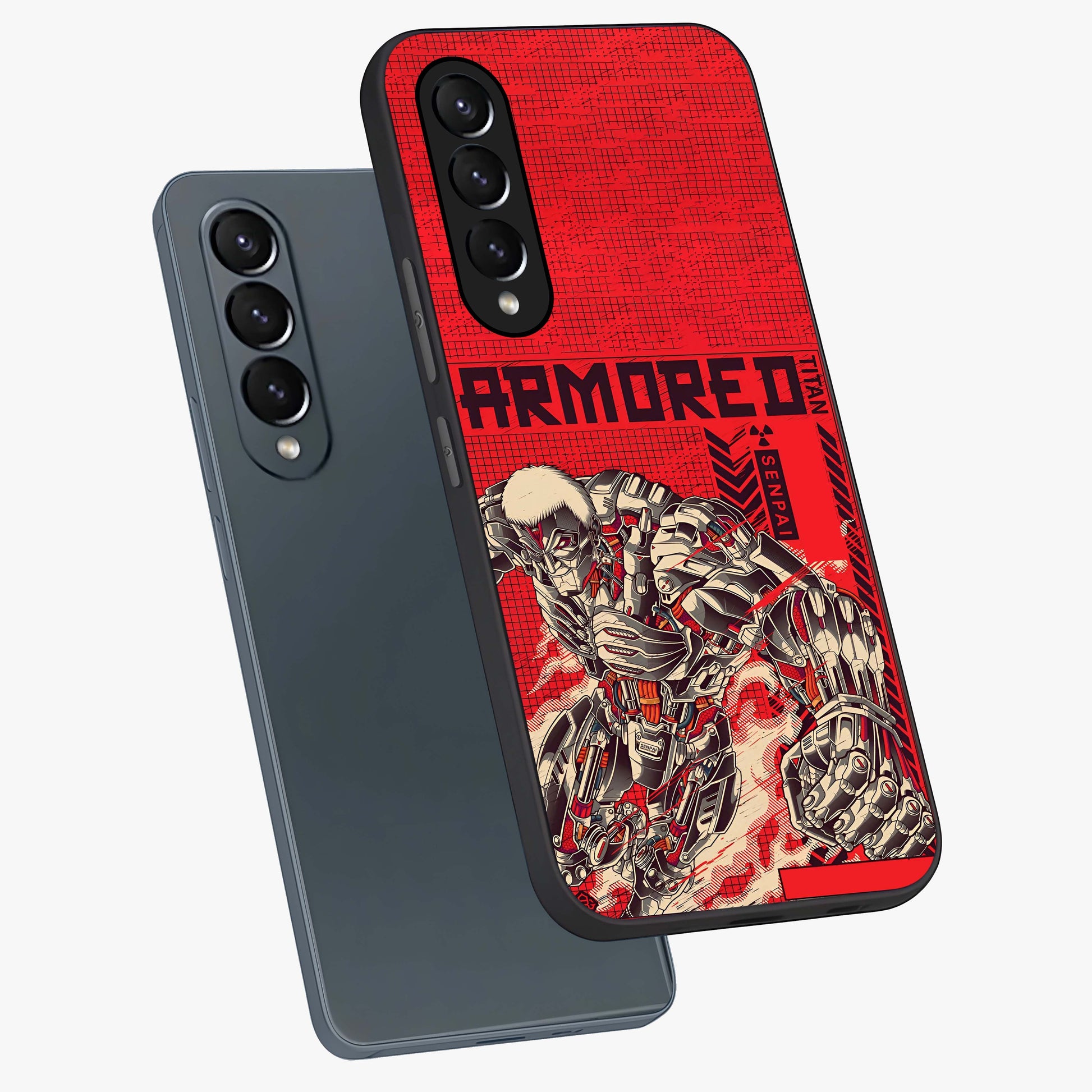 Crimson Mecha Titan Glass Case displayed in angled mockup highlighting futuristic mech illustration with bold crimson aesthetic.