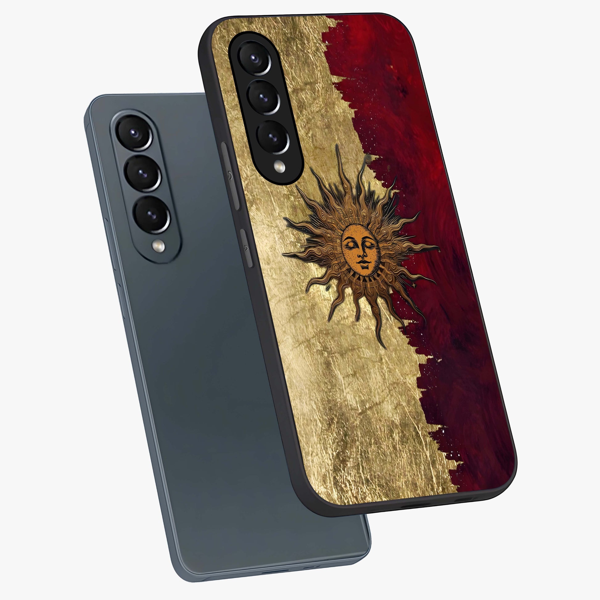 Crimson Sun Majesty Glass Case displayed in angled mockup highlighting majestic crimson sun design with bold aesthetic style.