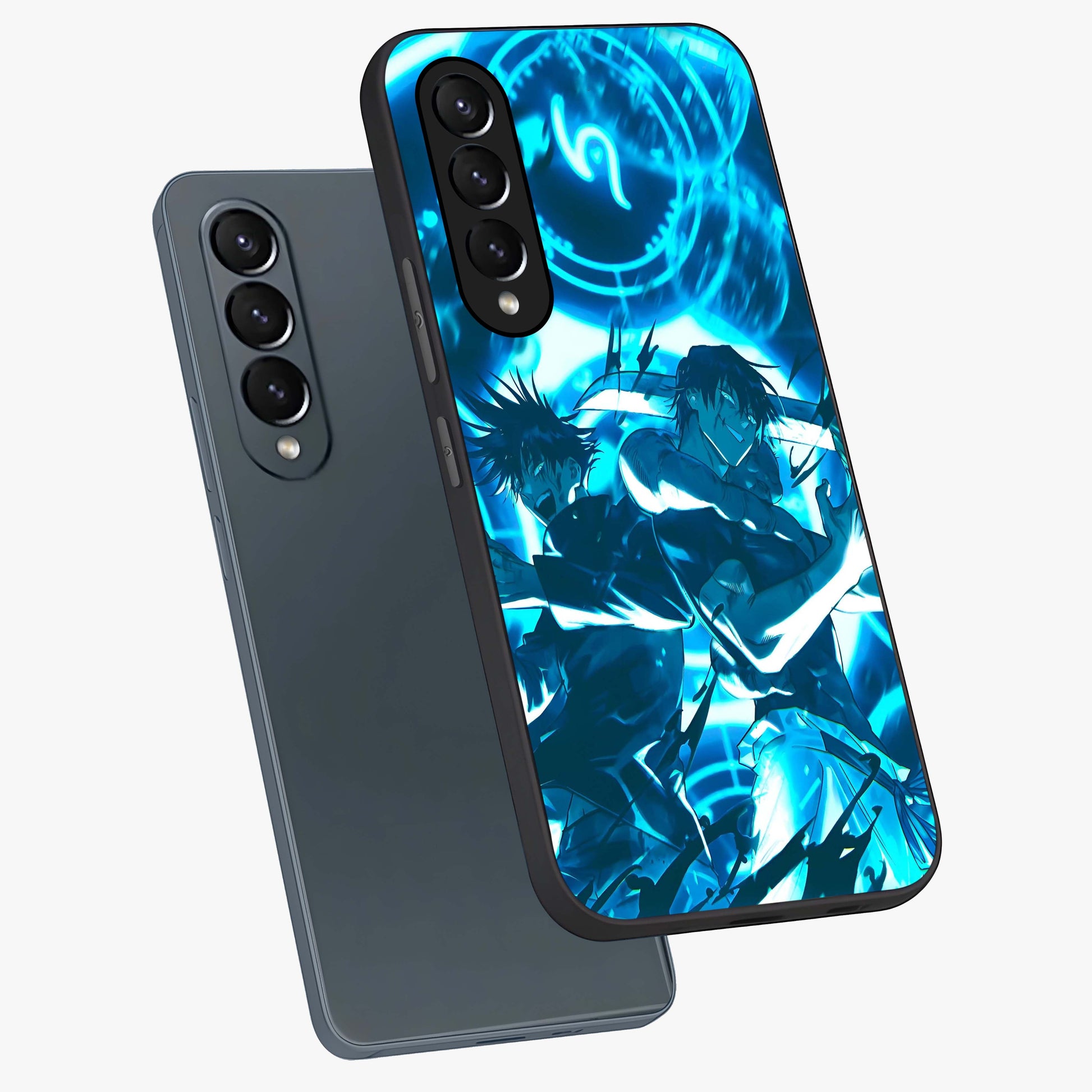 Cursed Energy Clash Glass Case displayed in angled mockup highlighting powerful battle inspired graphic with anime style aesthetic.