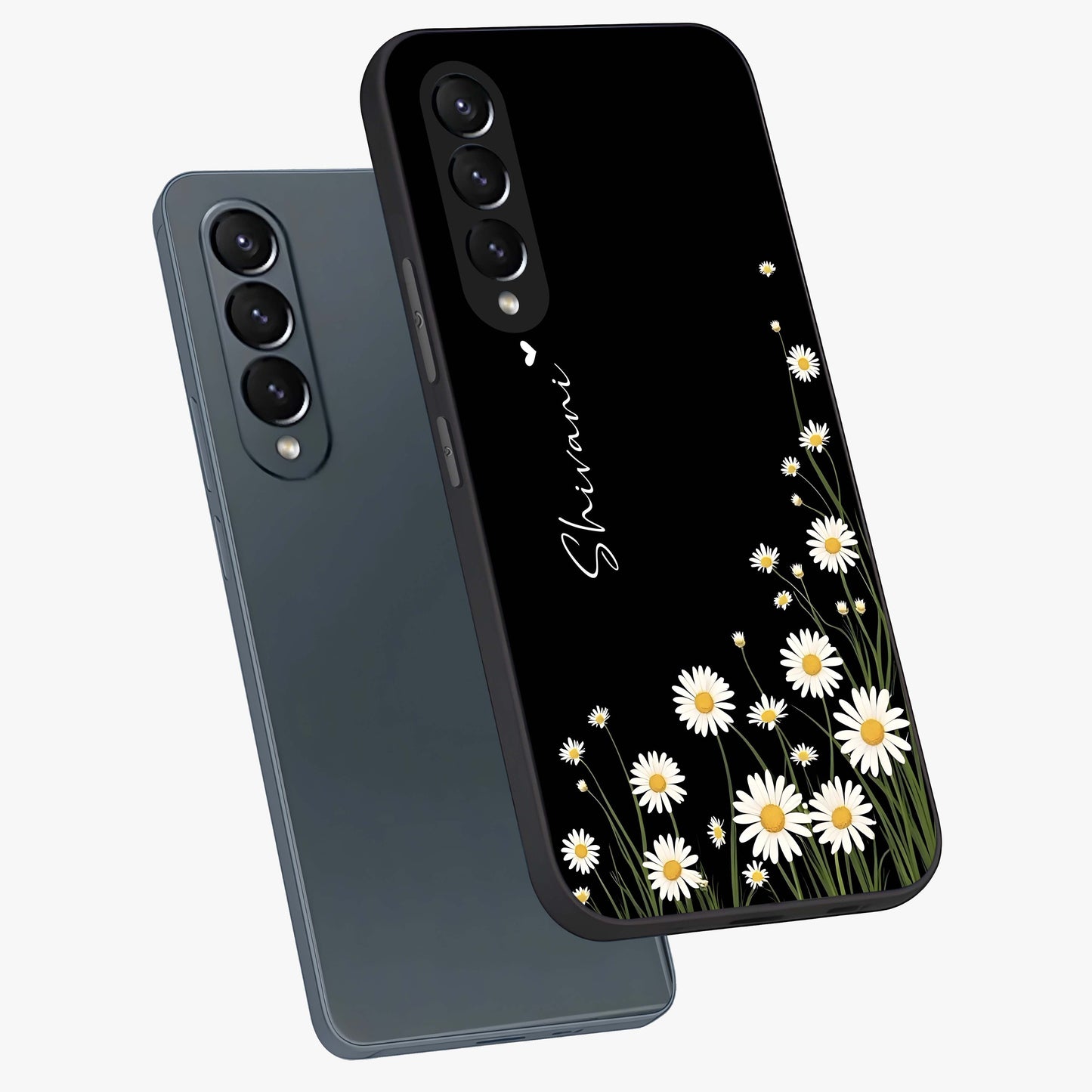 Daisy Cascade Custom Name Glass Case displayed in angled mockup highlighting delicate daisy artwork with custom name feature.