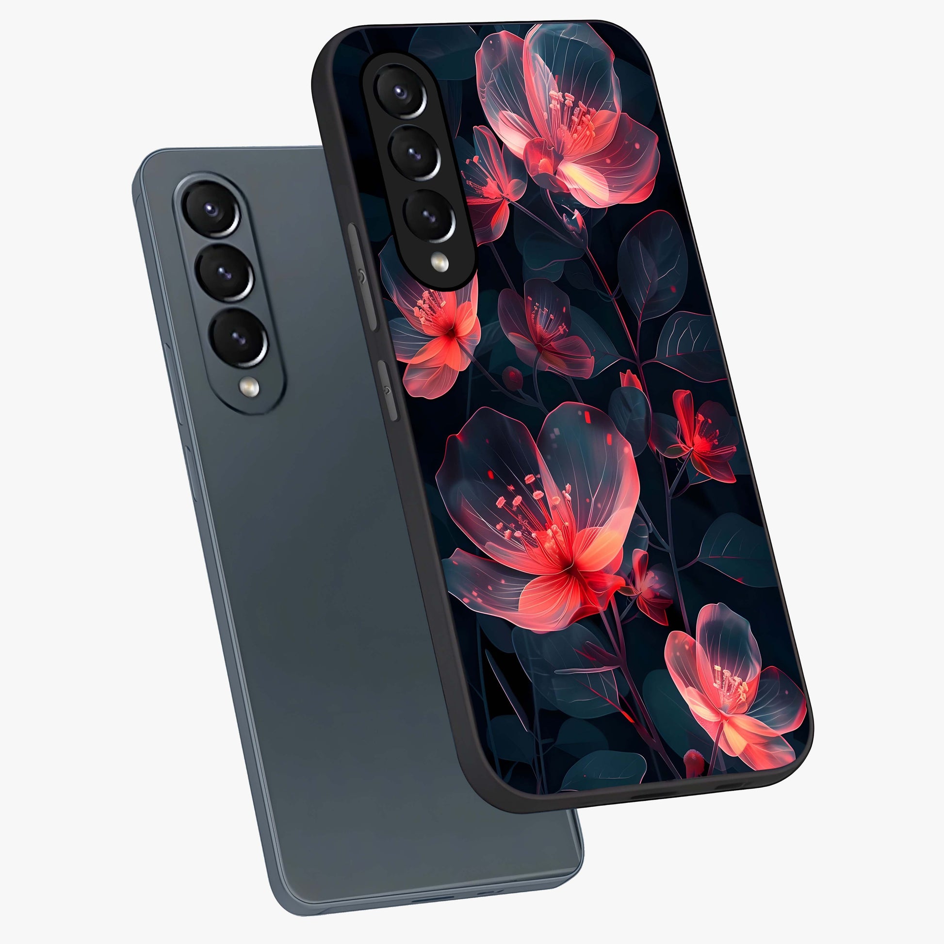 Dark Shade of Flower Glass Case displayed in angled mockup highlighting moody floral illustration with aesthetic dark tones.