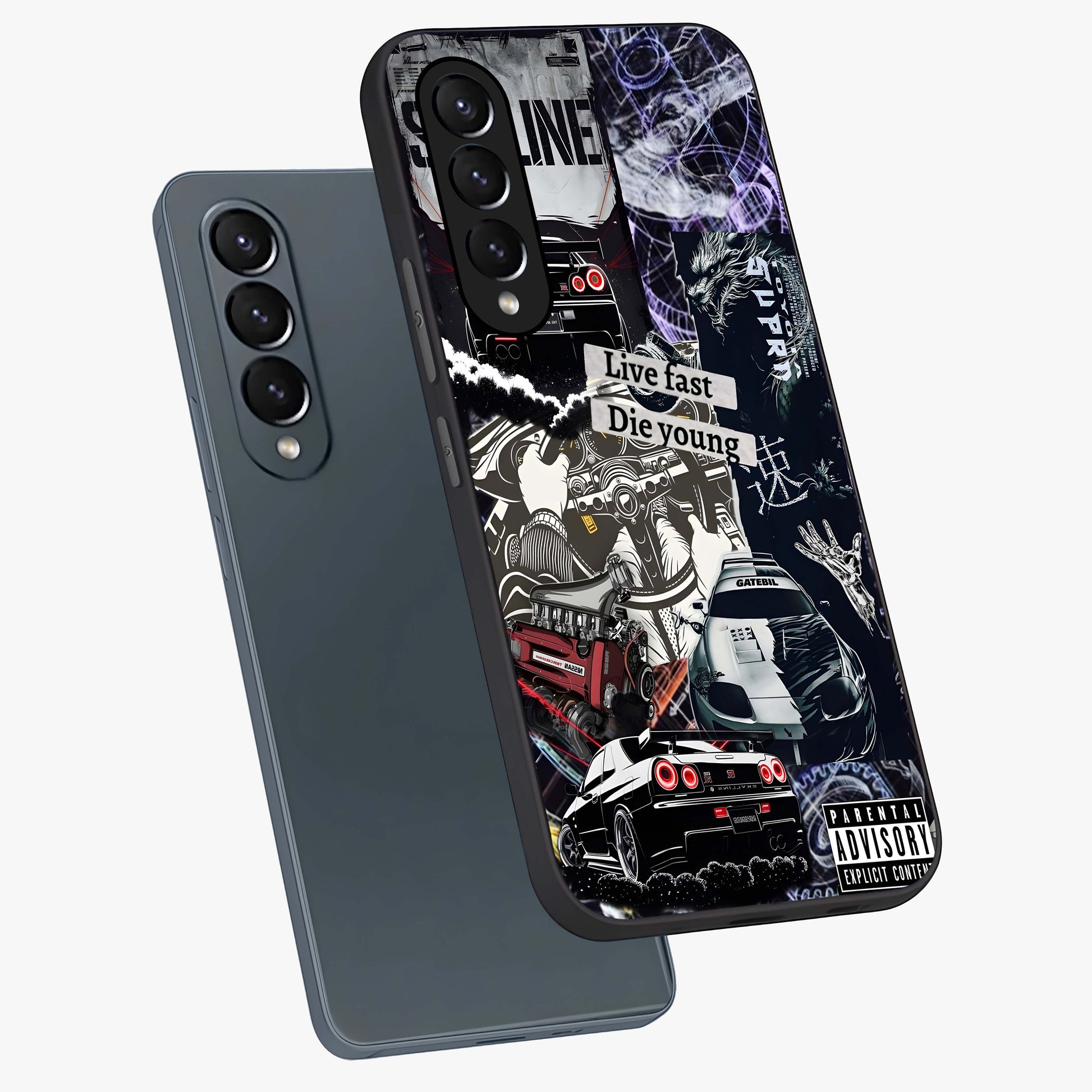 Die Young Glass Case displayed in angled mockup highlighting expressive graphic artwork with edgy aesthetic style.
