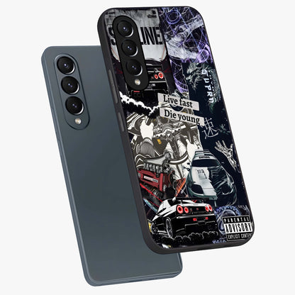 Die Young Glass Case displayed in angled mockup highlighting expressive graphic artwork with edgy aesthetic style.
