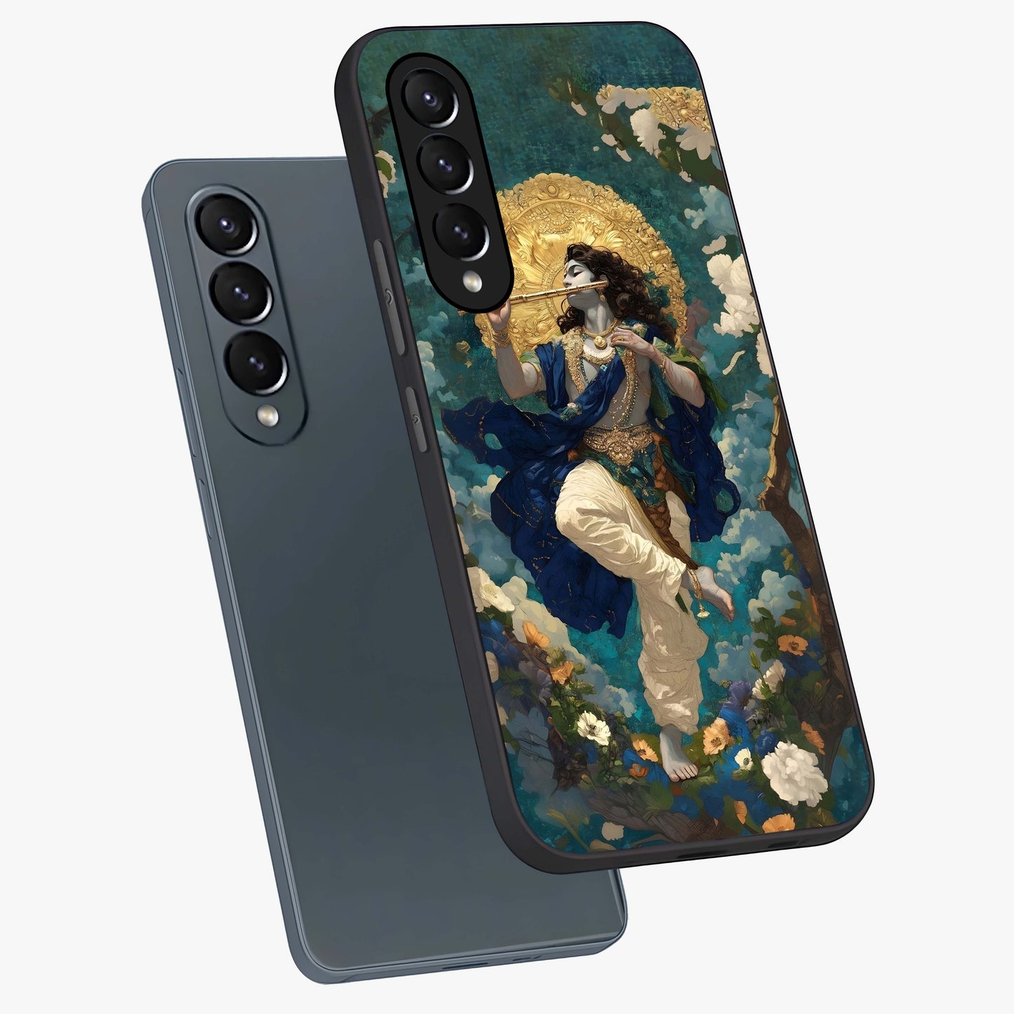 Divine Krishna Art Glass Case displayed in angled mockup highlighting spiritual Krishna illustration with devotional aesthetic.
