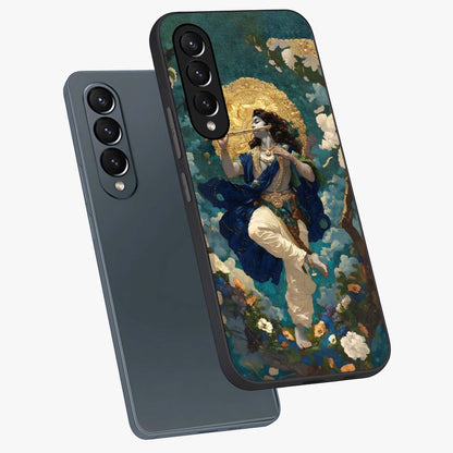 Divine Krishna Art Glass Case displayed in angled mockup highlighting spiritual Krishna illustration with devotional aesthetic.