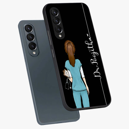 Doctor Pattern Custom Name Glass Case displayed in angled mockup highlighting doctor inspired artwork with custom name feature.