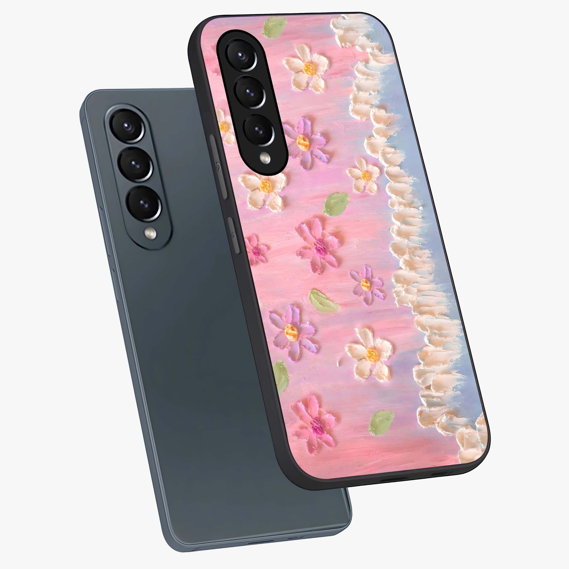 Dreamy Painted Garden Glass Case displayed in angled mockup highlighting colorful garden illustration with dreamy aesthetic style.