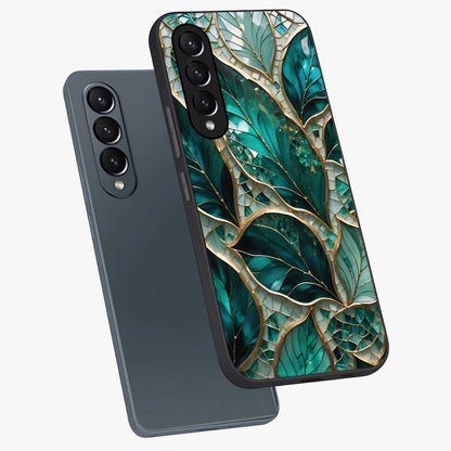 Emerald Leaf Glass Glass Case displayed in angled mockup highlighting botanical leaf illustration with elegant natural aesthetic.