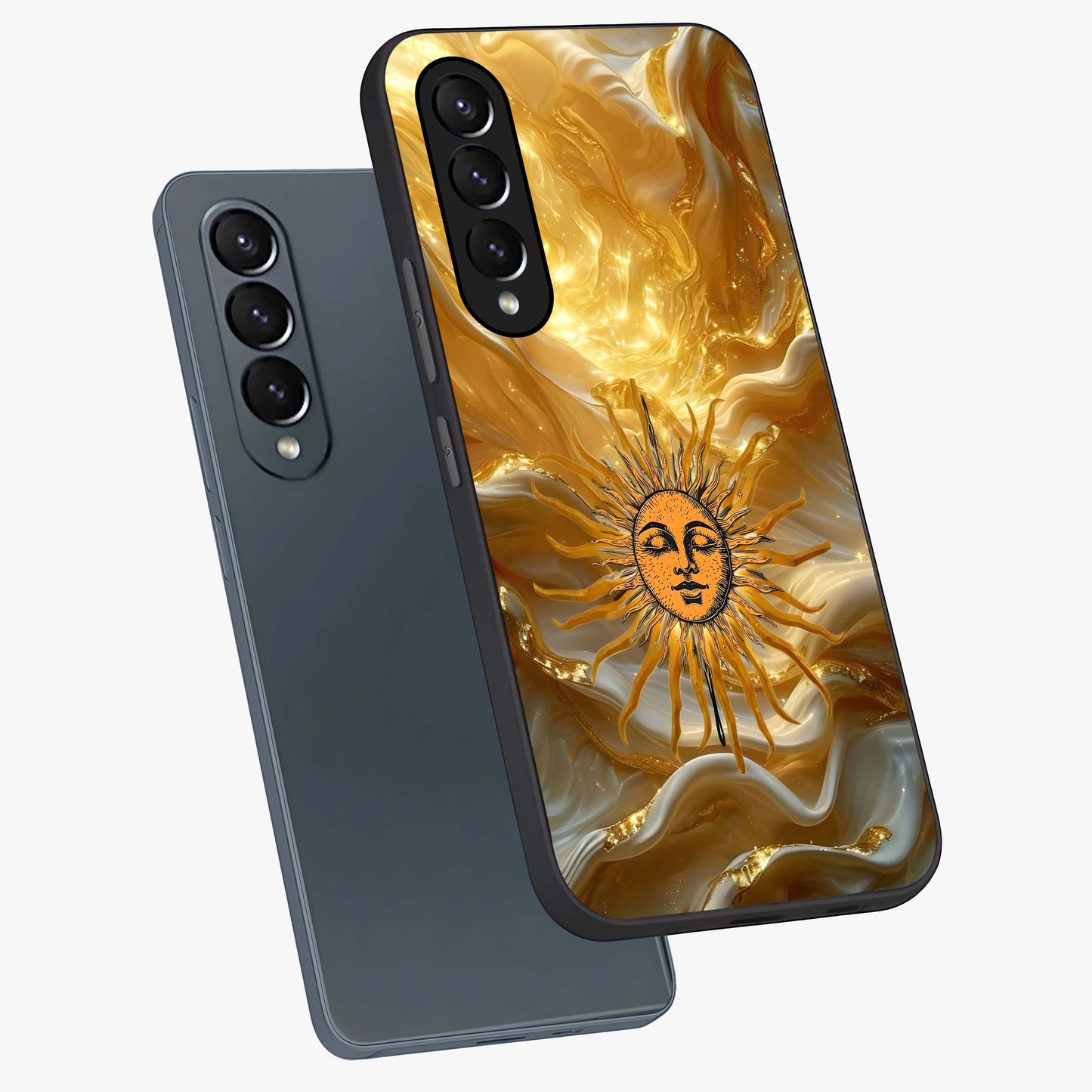 Eternal Golden Glow Glass Case displayed in angled mockup highlighting glowing golden aesthetic design with elegant style.