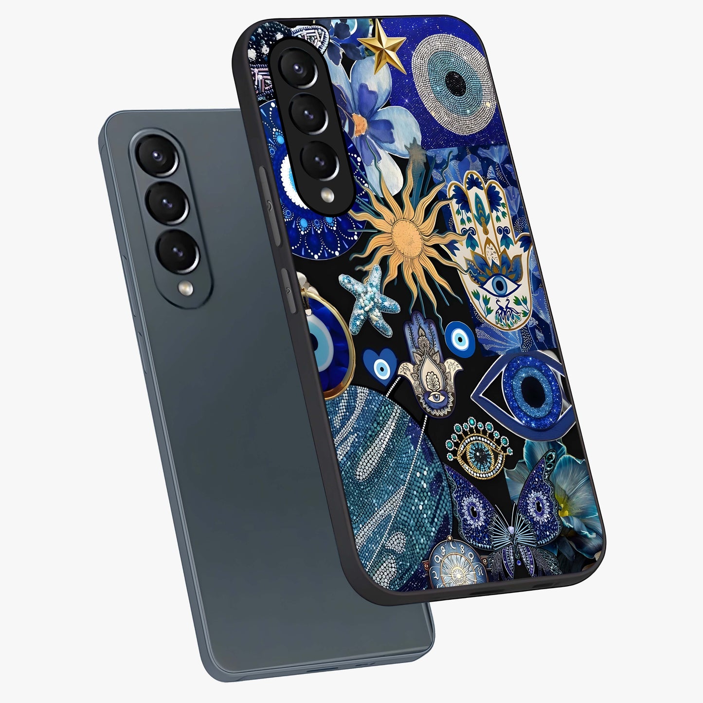 Evil Eye Charm Mix Glass Case displayed in angled mockup highlighting protective evil eye symbols with spiritual aesthetic design.