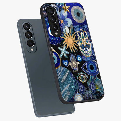 Evil Eye Charm Mix Glass Case displayed in angled mockup highlighting protective evil eye symbols with spiritual aesthetic design.