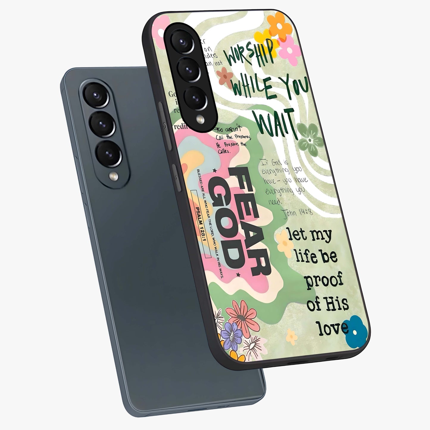 Faith Over Fear Glass Case displayed in angled mockup highlighting inspirational message design with modern aesthetic style.