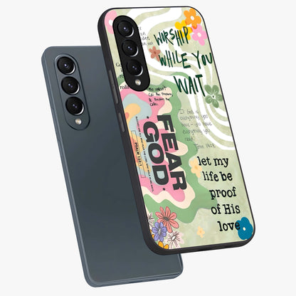 Faith Over Fear Glass Case displayed in angled mockup highlighting inspirational message design with modern aesthetic style.