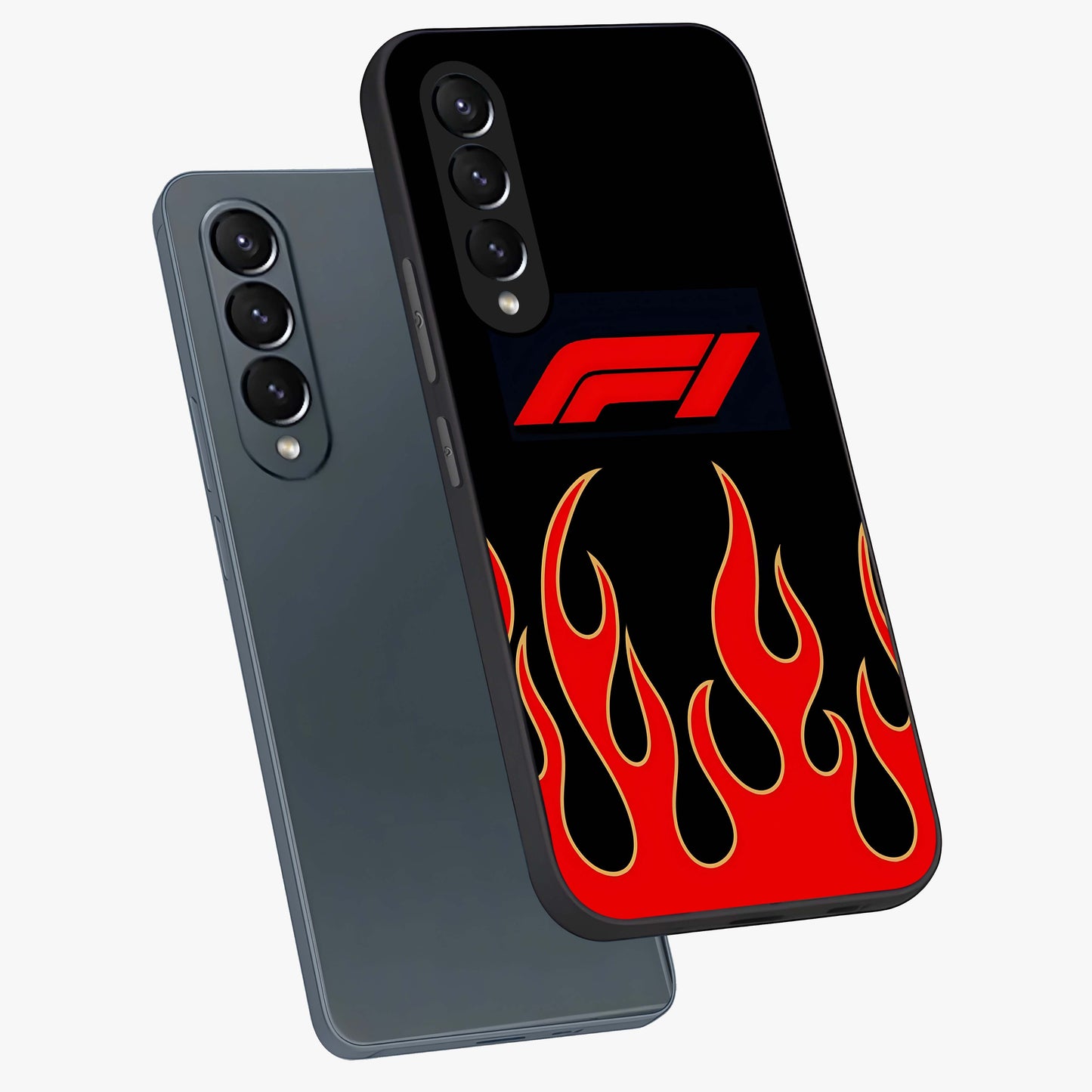 Fire F11 Glass Case displayed in angled mockup highlighting bold fire inspired graphic with energetic aesthetic style.