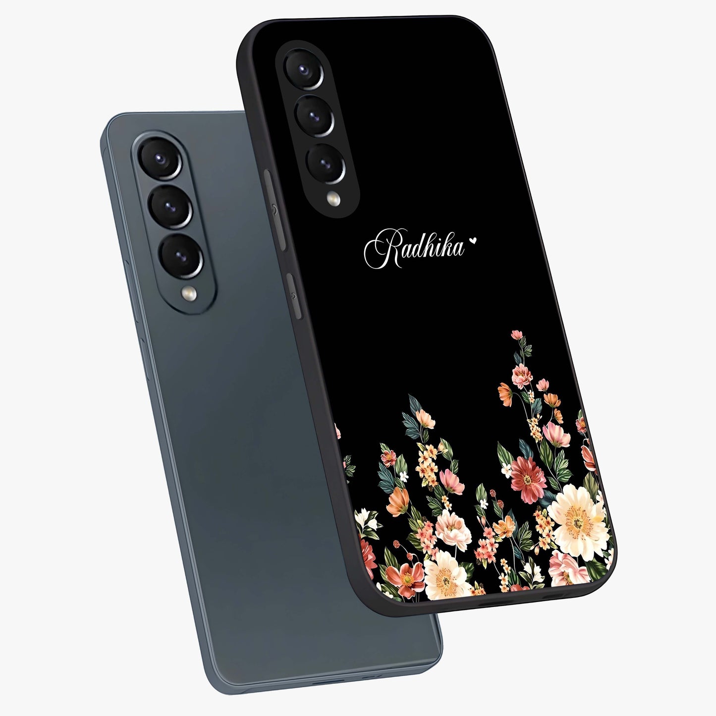 Floral Design With a Custom Personalized Name Glass Case displayed in angled mockup highlighting elegant floral pattern with custom name feature.