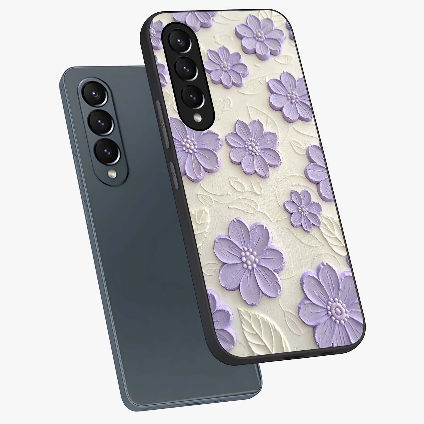 Floral Wall Art With Purple Flowers Glass Case displayed in angled mockup highlighting vibrant purple floral illustration with artistic aesthetic.
