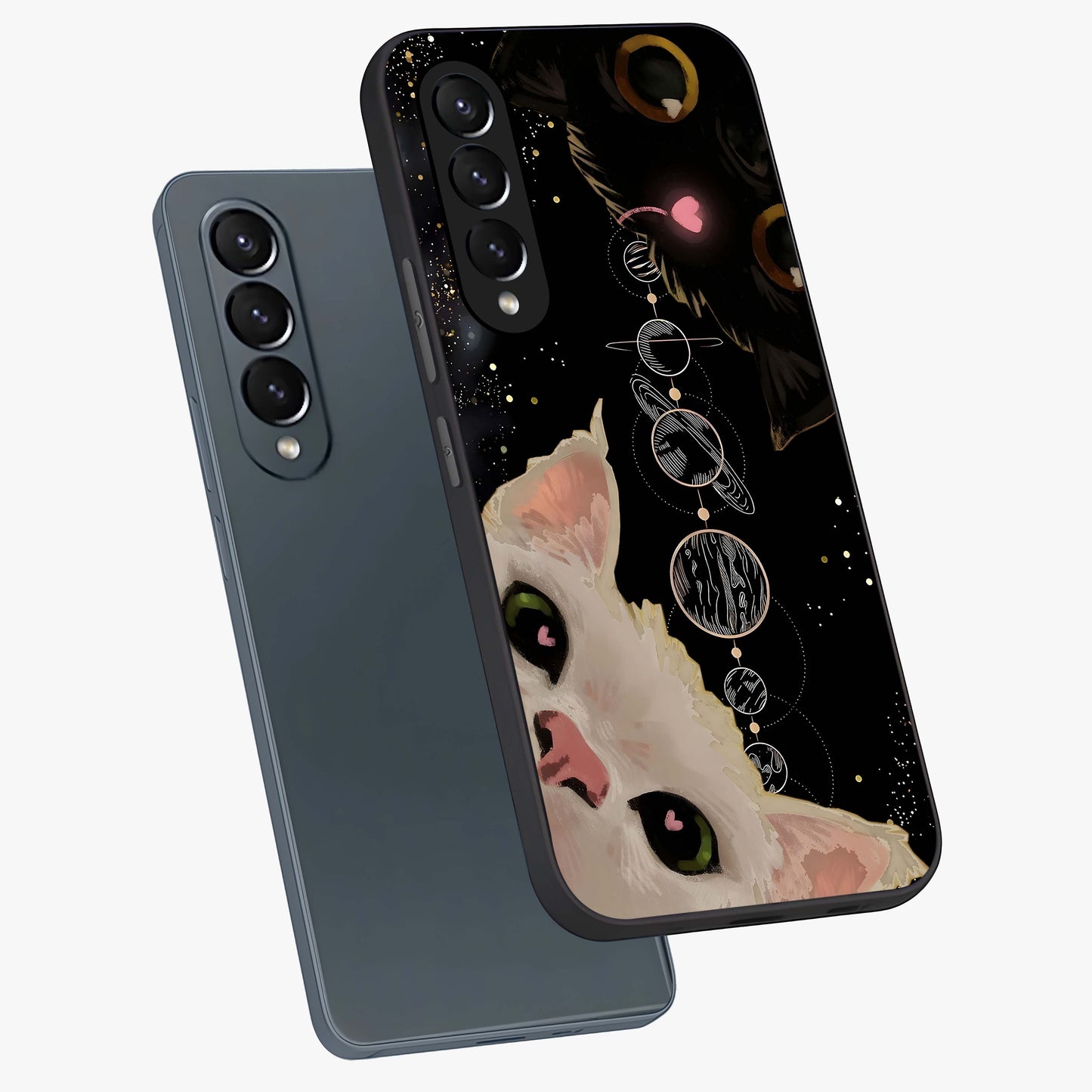 Galactic Cat Glass Case displayed in angled mockup highlighting celestial feline illustration with galaxy aesthetic style.