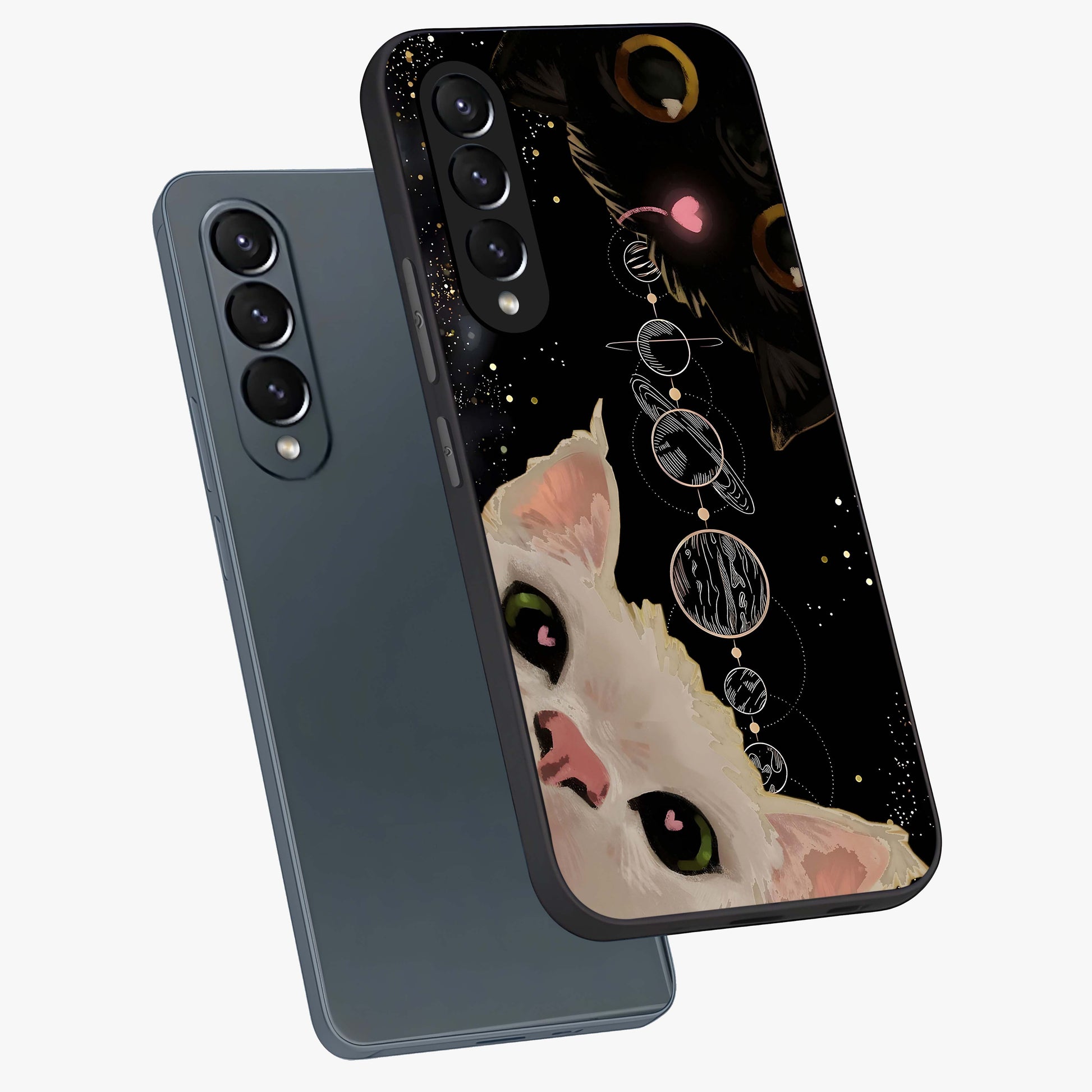 Galactic Cat Glass Case displayed in angled mockup highlighting celestial feline illustration with galaxy aesthetic style.