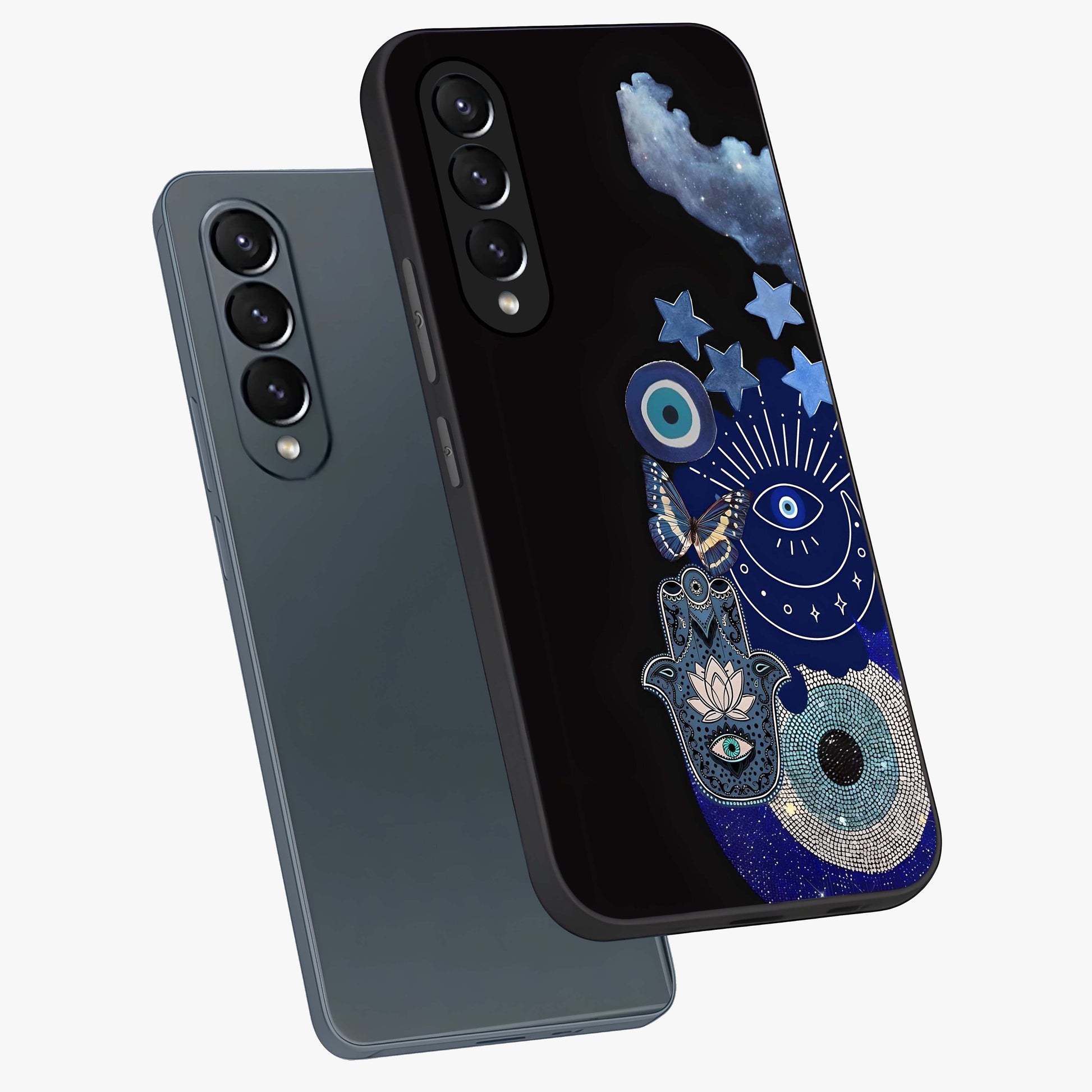 Galactic Charm Cluster Glass Case displayed in angled mockup highlighting luminous galaxy inspired design with dreamy aesthetic.