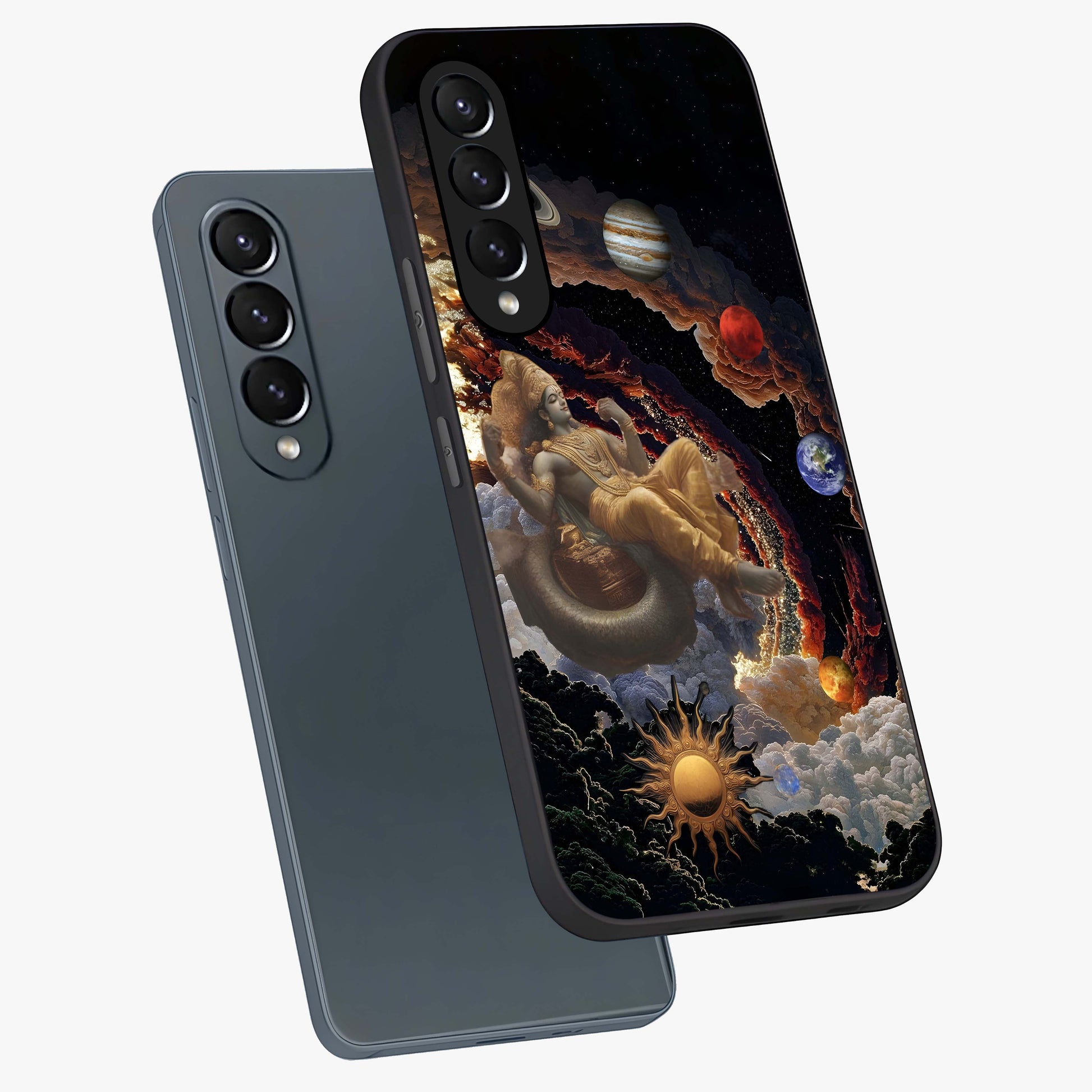 Galactic Divine God Glass Case displayed in angled mockup highlighting powerful celestial deity illustration with galactic aesthetic.