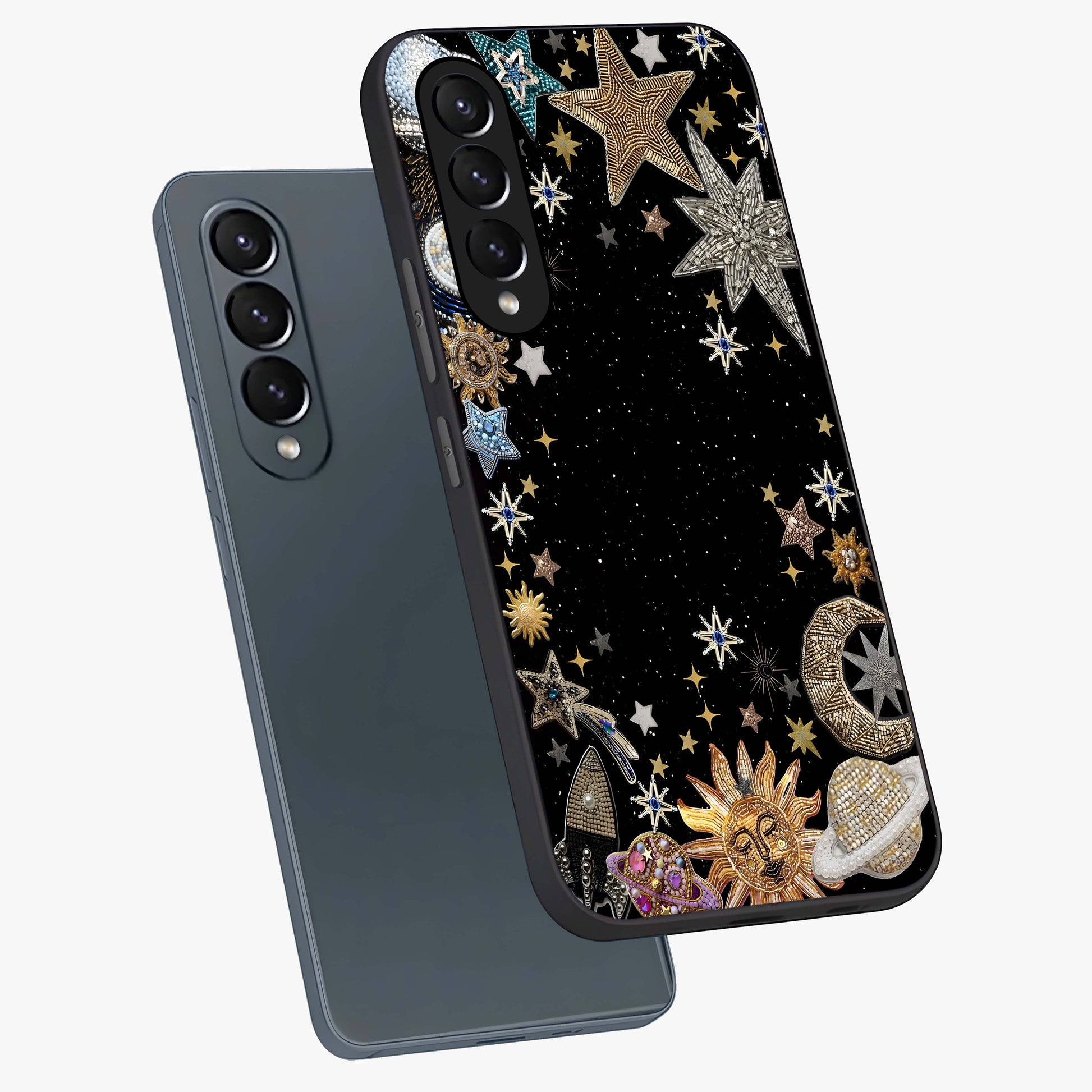 Galactic Jewel Stars Glass Case displayed in angled mockup highlighting shining celestial star design with cosmic aesthetic style.