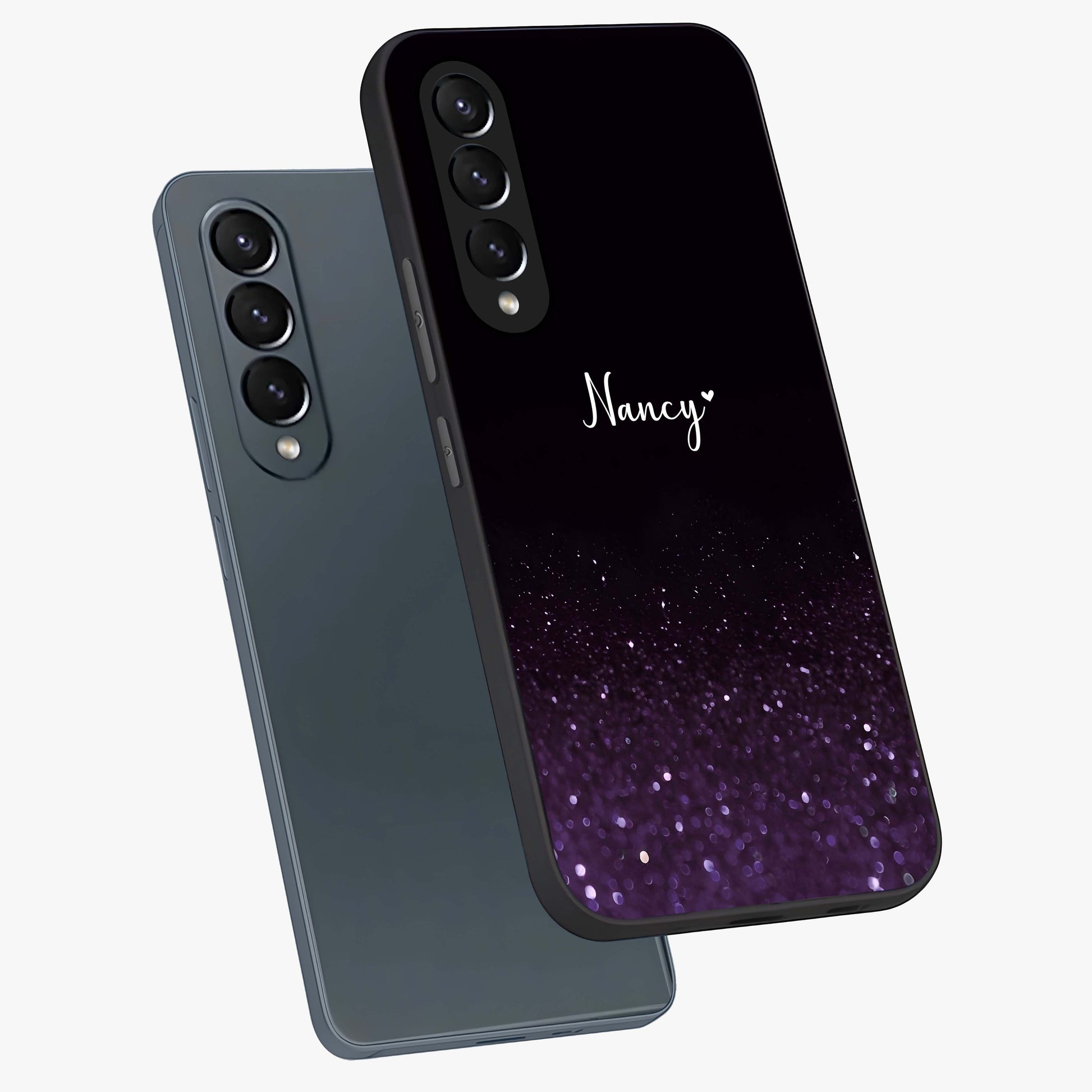 Glittery Purple Bokeh Custom Name Glass Case displayed in angled mockup highlighting glitter bokeh pattern with custom name feature.