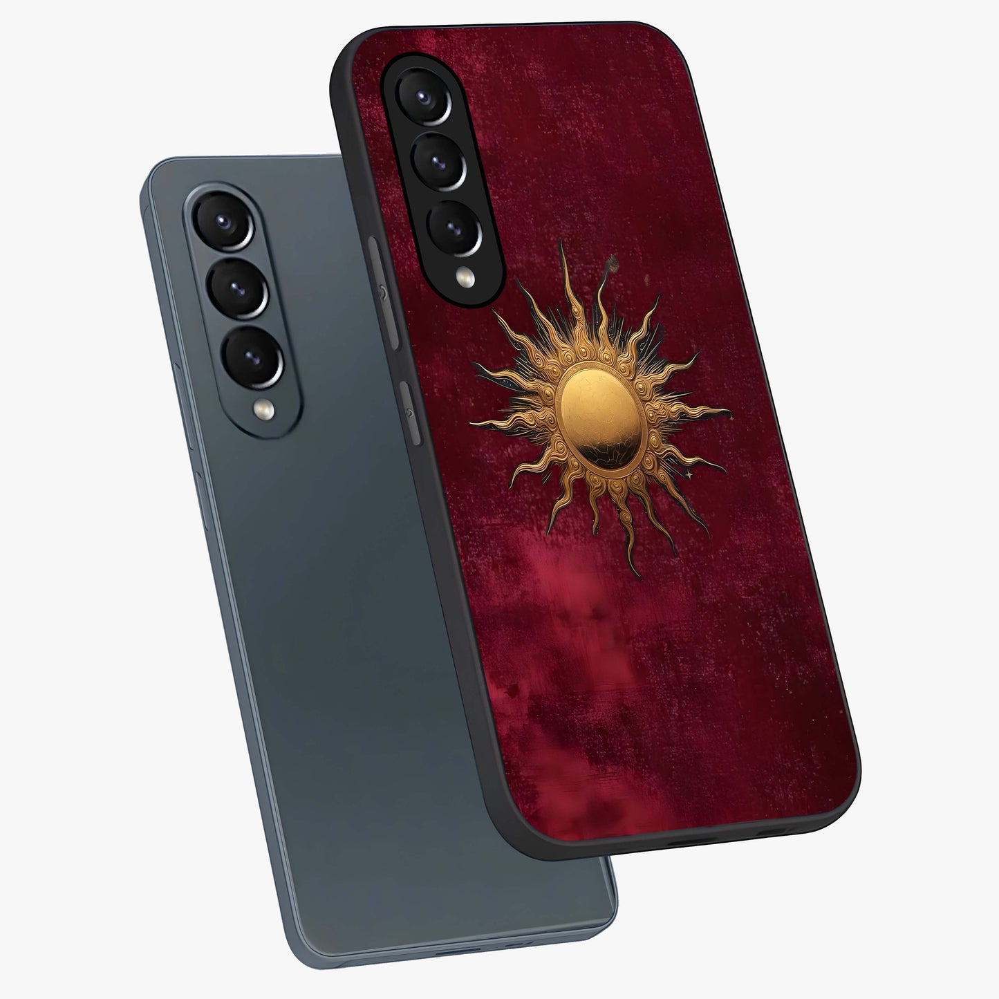 Golden Sun Minimalism Glass Case displayed in angled mockup highlighting clean sun symbol design with modern minimal aesthetic.