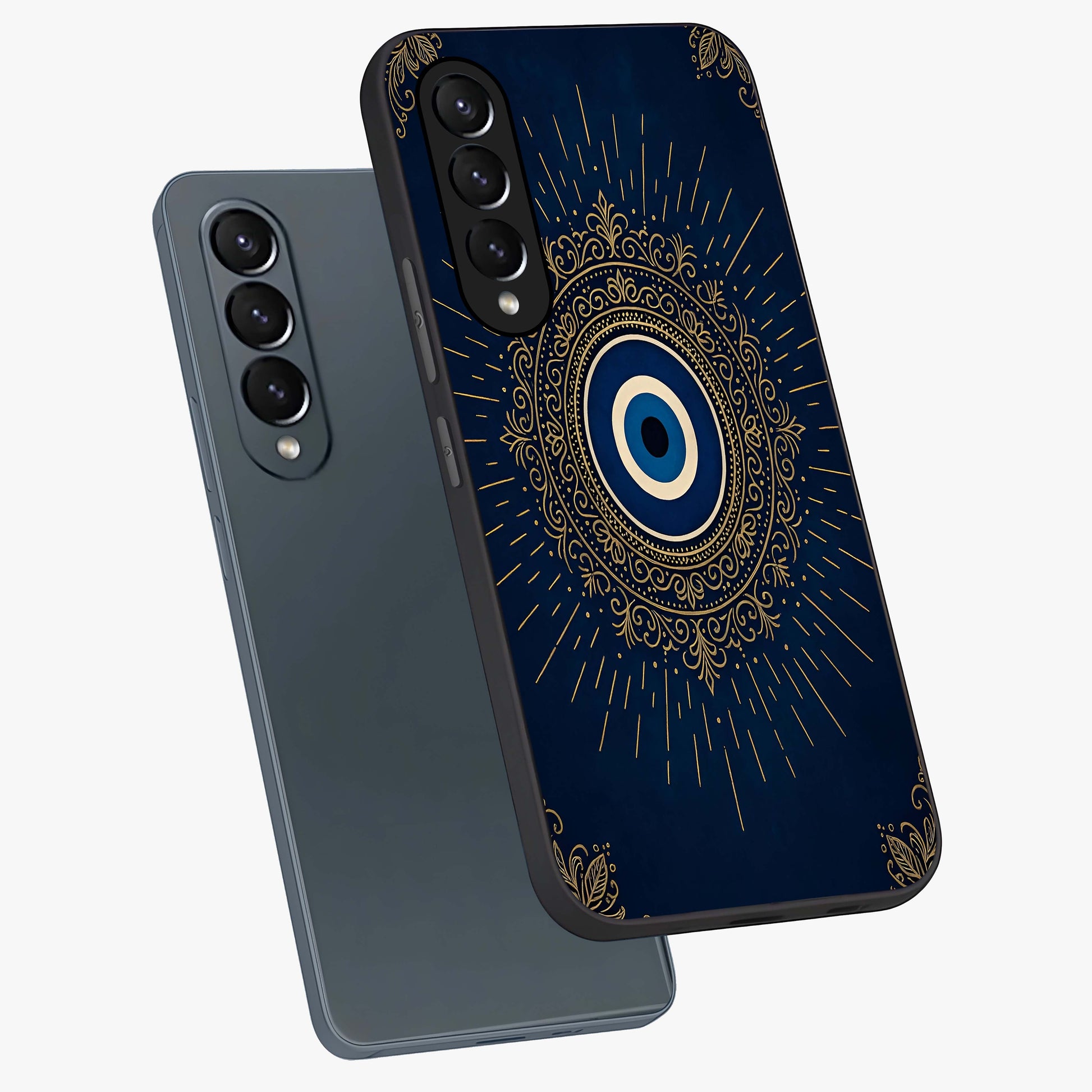 Golden Celestial Charm Glass Case displayed in angled mockup highlighting sparkling cosmic charm design with celestial aesthetic.