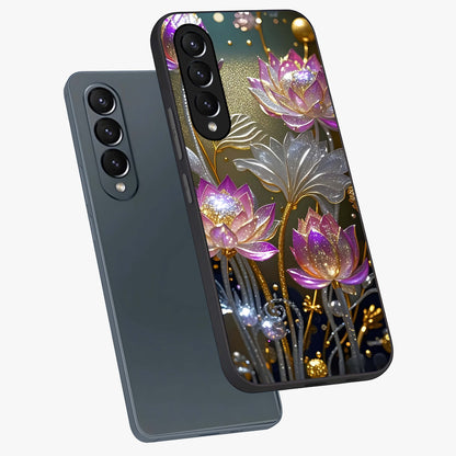Golden Floral Majesty Glass Case displayed in angled mockup highlighting elegant flower design with royal golden aesthetic.