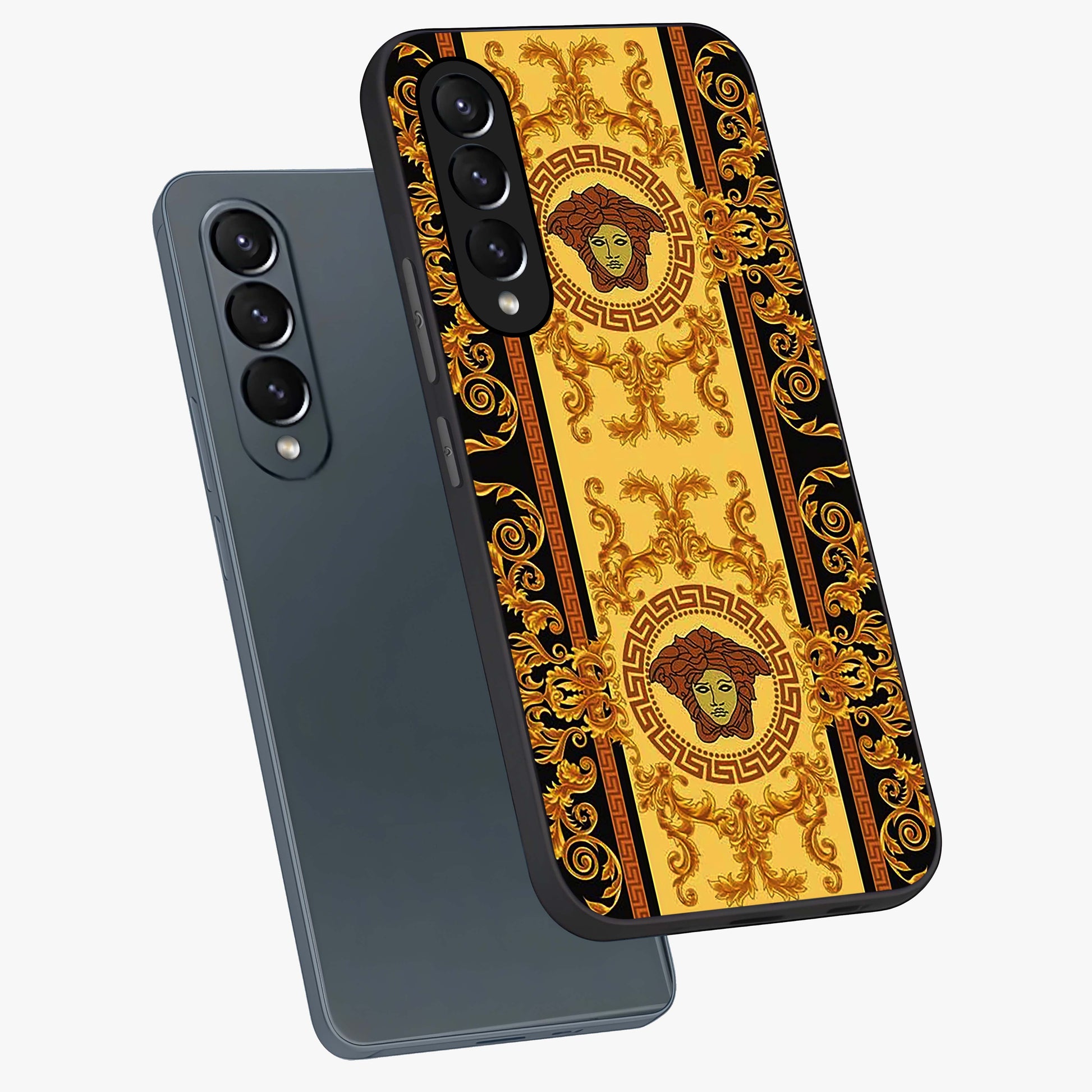 Golden Lotus Glow Glass Case displayed in angled mockup highlighting radiant lotus illustration with spiritual aesthetic.