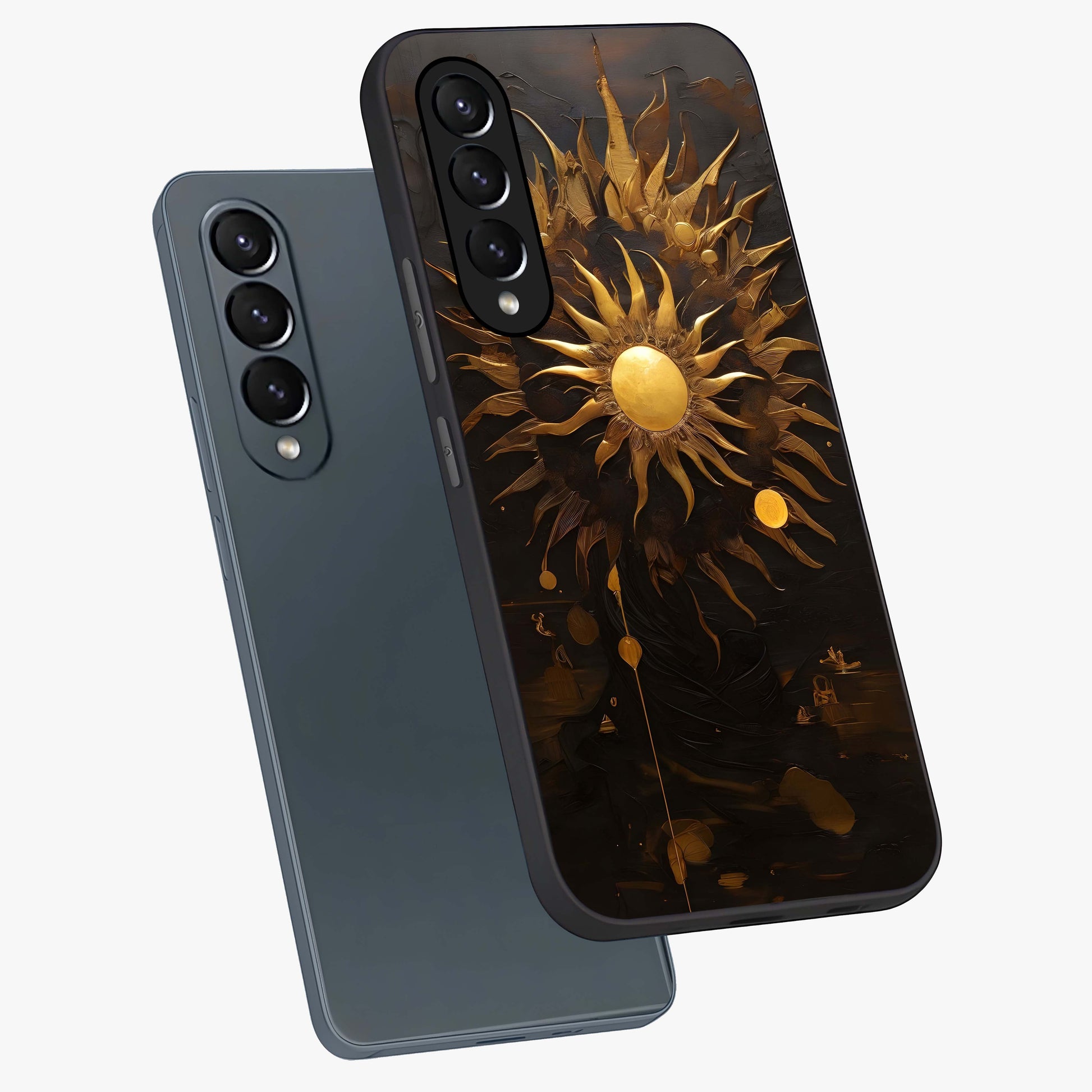 Golden Sun Majesty Glass Case displayed in angled mockup highlighting eerie shadow illustration with gothic aesthetic.