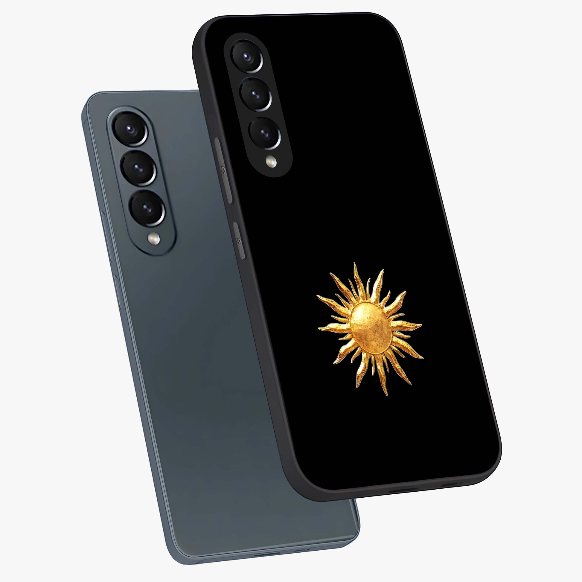 Golden Sun Minimalism Glass Case displayed in angled mockup highlighting eerie shadow illustration with gothic aesthetic.