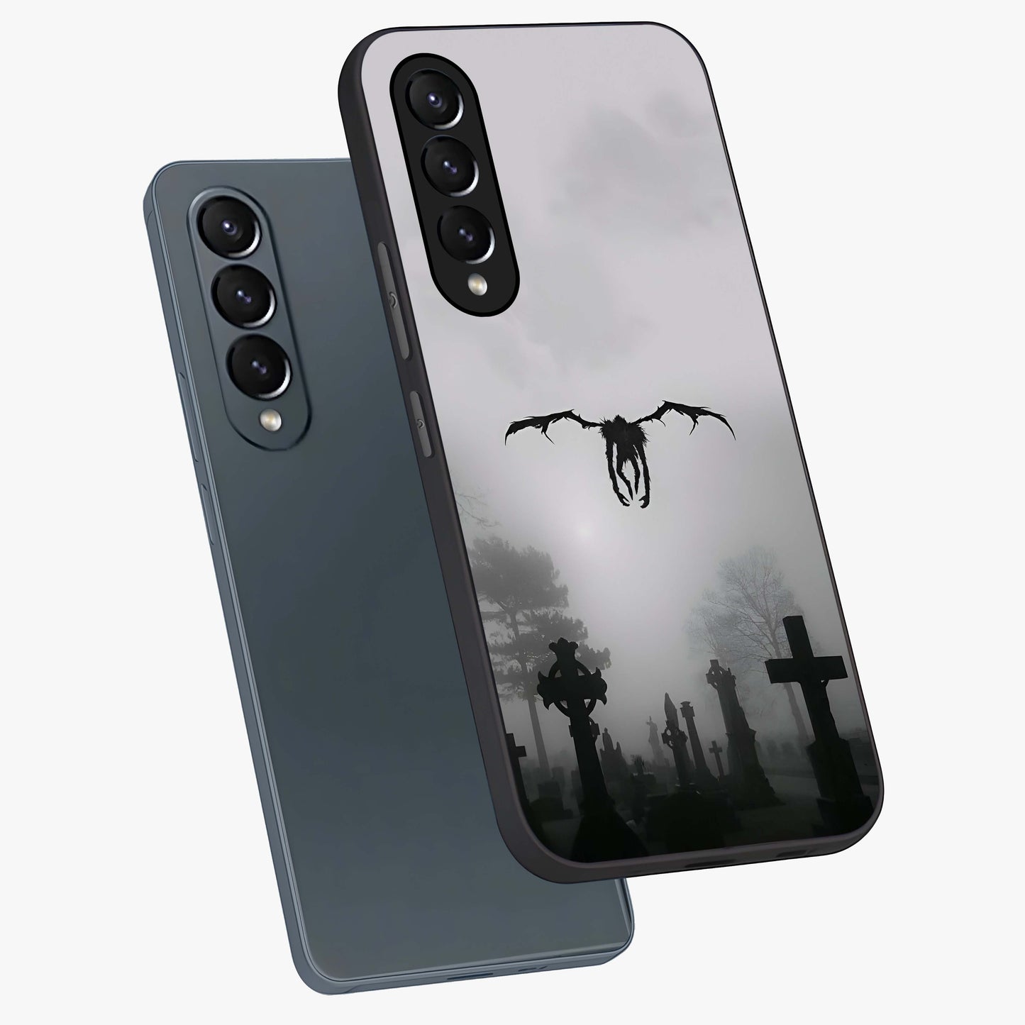 Graveyard Shadow Descent Glass Case displayed in angled mockup highlighting eerie shadow illustration with gothic aesthetic.