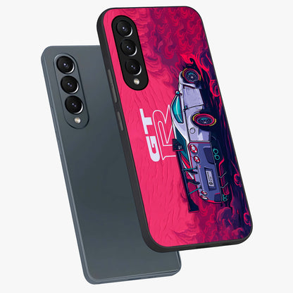 GT-R Car Pattern Glass Case displayed in angled mockup highlighting racing car graphic design with bold automotive aesthetic.