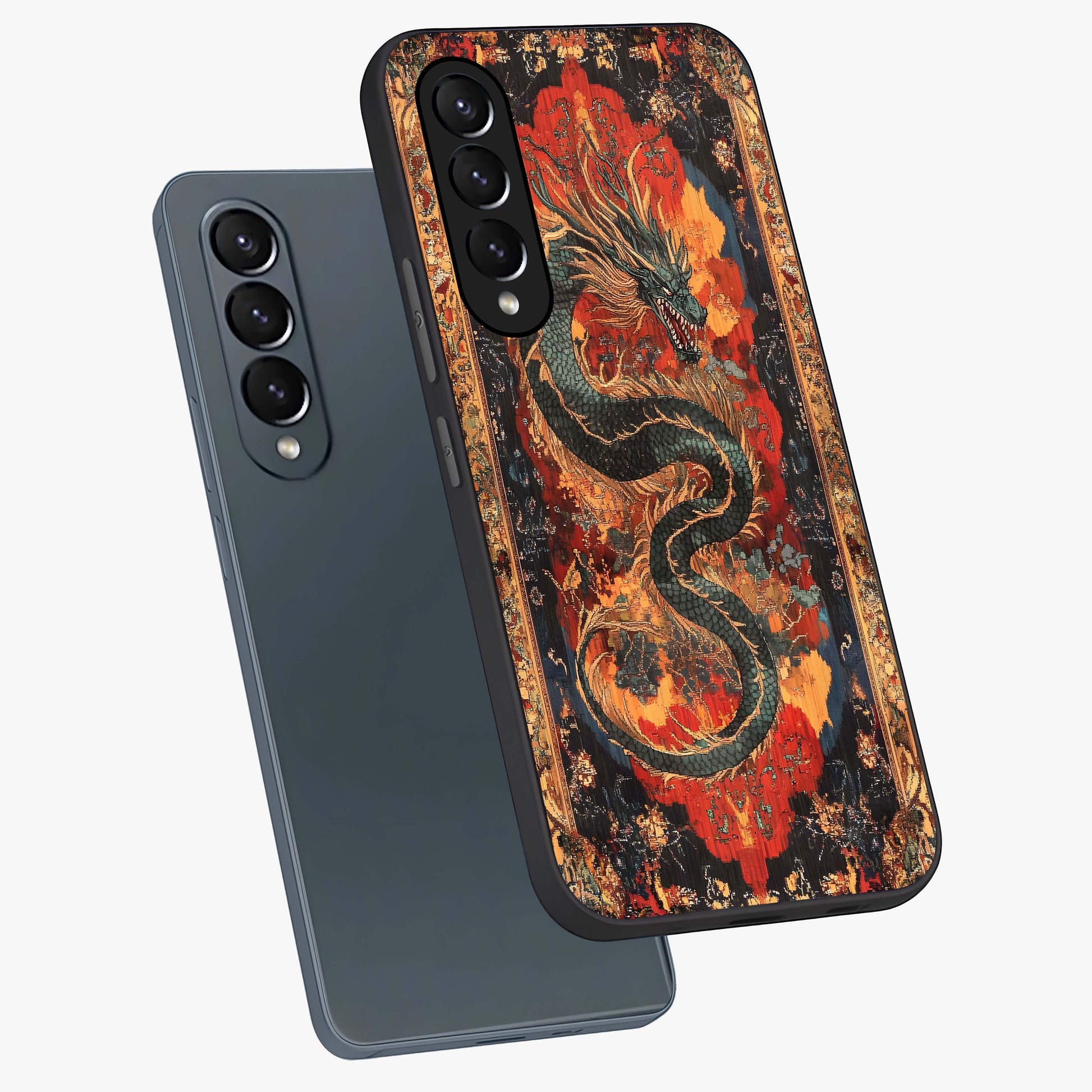 Inferno Dragon Soul Glass Case displayed in angled mockup highlighting powerful dragon illustration with inferno aesthetic.