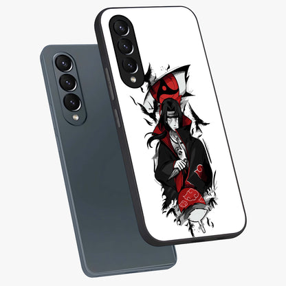 Itachi Limited Edition Naruto Anime Glass Case displayed in angled mockup highlighting dramatic anime illustration with bold action aesthetic.