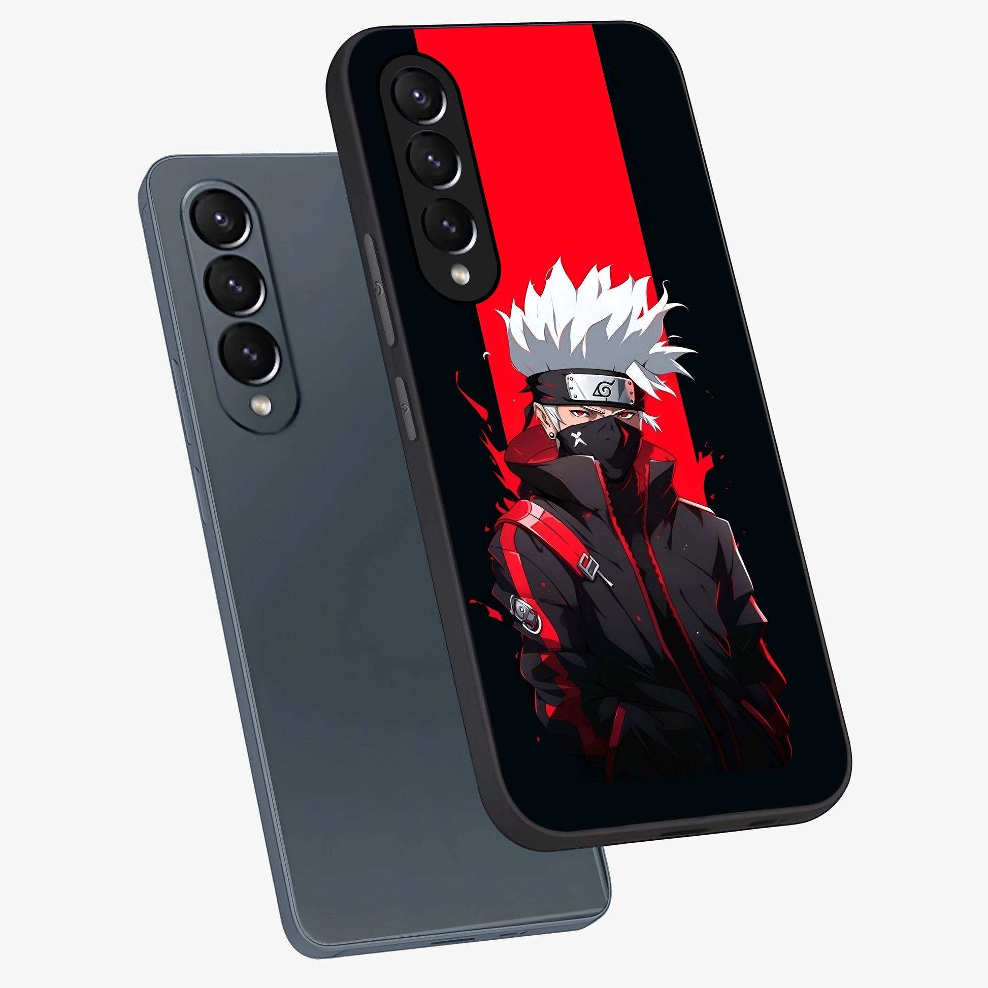 Kakashi Scarlet Shadow Glass Case displayed in angled mockup highlighting dramatic ninja illustration with scarlet themed aesthetic.