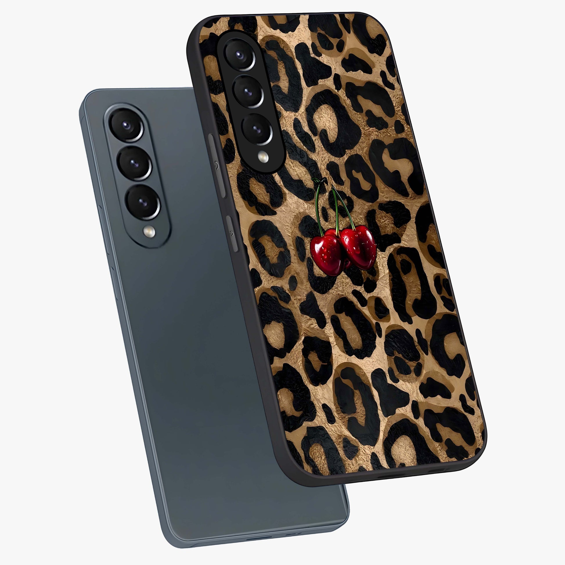 Leopard Wild Cherry Glass Case displayed in angled mockup highlighting bold animal print design with playful cherry aesthetic.