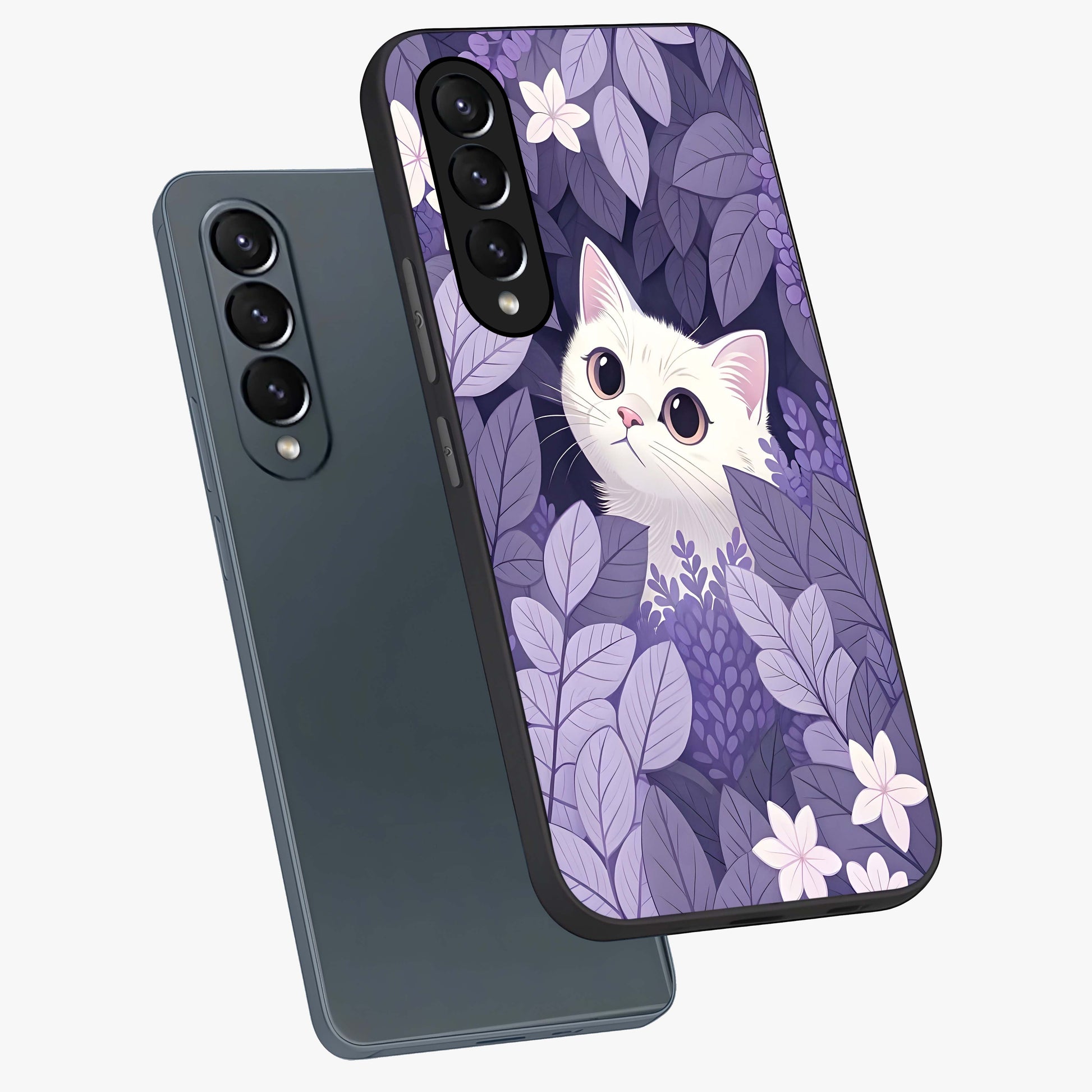 Lilac Hide Peek Cat Glass Case displayed in angled mockup highlighting playful feline illustration with lilac aesthetic design.