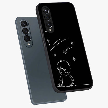 Line Art Boy With Shooting Stars Glass Case displayed in angled mockup highlighting elegant line art design with dreamy star aesthetic.