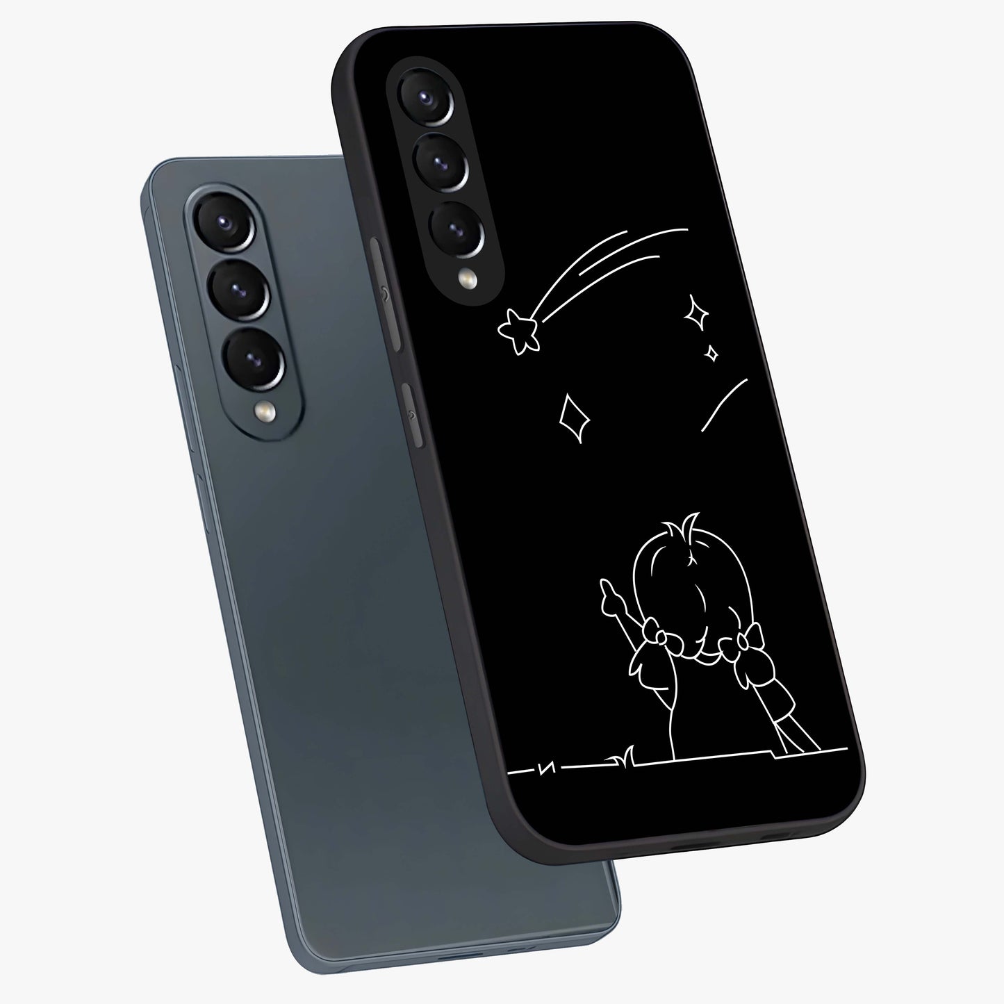 Line Art Girl With Shooting Stars Glass Case displayed in angled mockup highlighting elegant line art design with dreamy star aesthetic.