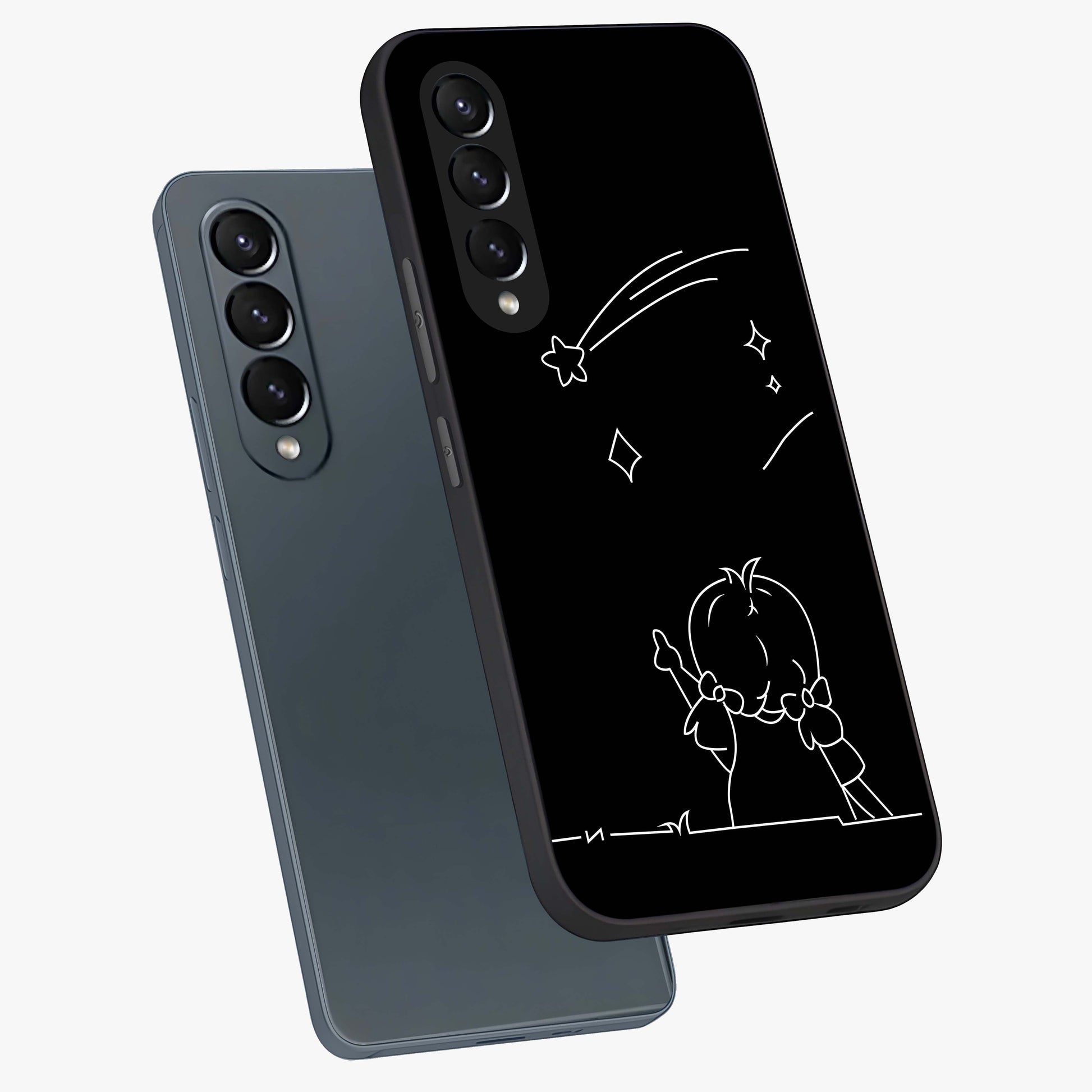 Line Art Girl With Shooting Stars Glass Case displayed in angled mockup highlighting elegant line art design with dreamy star aesthetic.