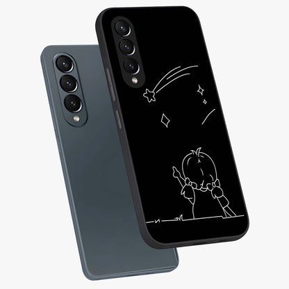 Line Art Girl With Shooting Stars Glass Case displayed in angled mockup highlighting elegant line art design with dreamy star aesthetic.